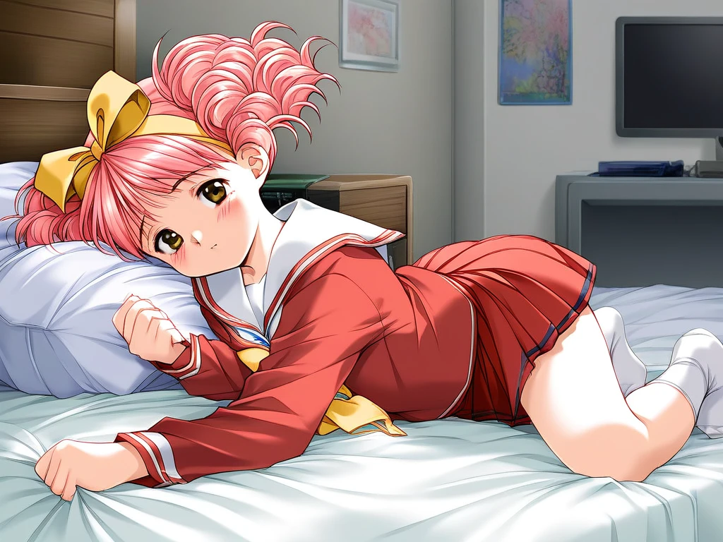 score_9, score_8_up, score_7_up, source_anime, rating_explicit, BREAK  <lora:Suzuki_Miho,_XL:1> SuzukiMiho, pink hair, ribbon, twintails, brown eyes, hairband, hair ribbon, yellow bow,
1girl, solo, school uniform, skirt, serafuku, long sleeves, blush,  looking at viewer,  pleated skirt,  red skirt,  bangs, short hair, 
lying on bed, bedroom,