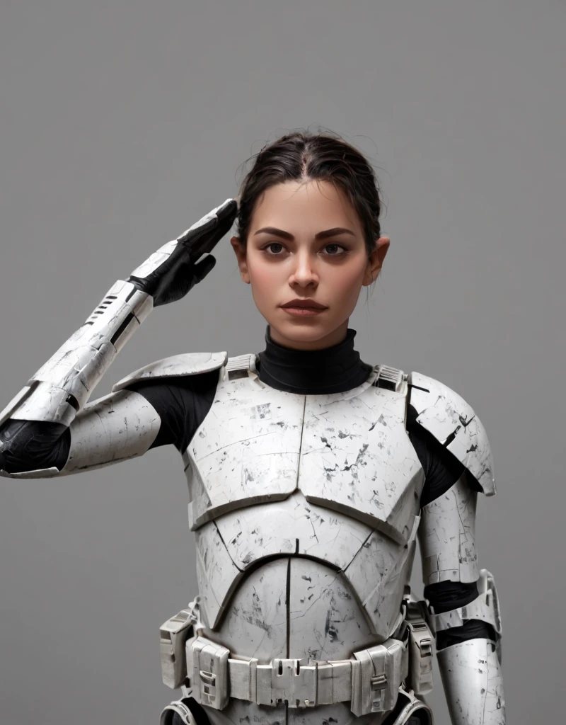 score_9, score_8_up, score_7_up, score_6_up, score_5_up, score_4_up,  photorealistic, realistic, , gray background, spacecraft interior,  Clone-Trooper, Clone-Wars, solo, 1girl, female focus, armor, parody, black hair, short hair, tan skin, red decals, science fiction, <lora:Phase_I_Clone_Trooper:1> salute, holding weapon, realistic, dust, no humans, assault rifle, nature, sword, multiple boys, window, outstretched arms, gun, power armor, 1boy, cape