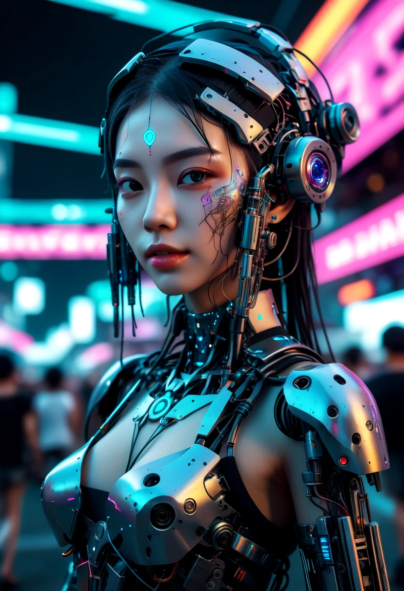 photo of a 25 year old woman, Vibrant pretty 1girl, solo, Attending festivals, key visual Roboticizer , biomechanical cyberpunk, cybernetics, human-machine fusion, dystopian, organic meets artificial, dark, intricate, highly detailed