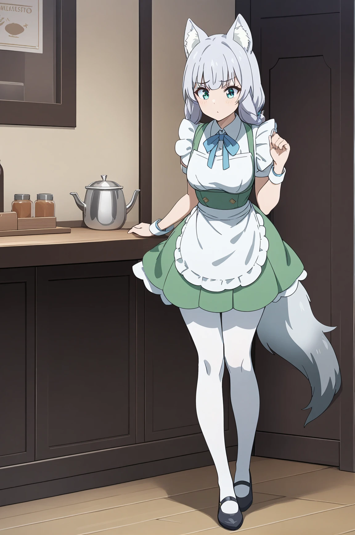 green dress pantyhose flats waitress apron, kemo-shigure, wolf tail, 1girl, solo, narrow waist, masterpiece, absurdres, high quality, highres, best quality, (full body:1.20), recent <lora:kemo-shigure-V01-000003:0.6>