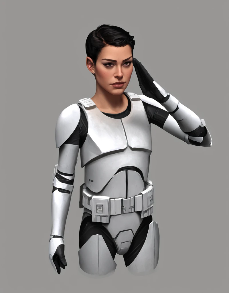 score_9, score_8_up, score_7_up, score_6_up, score_5_up, score_4_up,  photorealistic, realistic, , gray background, spacecraft interior,  Clone-Trooper, Clone-Wars, 1girl, female focus, armor, parody, black hair, short hair, tan skin, red decals, science fiction, <lora:Phase_I_Clone_Trooper:1> salute, holding weapon, realistic, dust, no humans, assault rifle, nature, sword, multiple boys, window, outstretched arms, gun, power armor, 1boy, cape