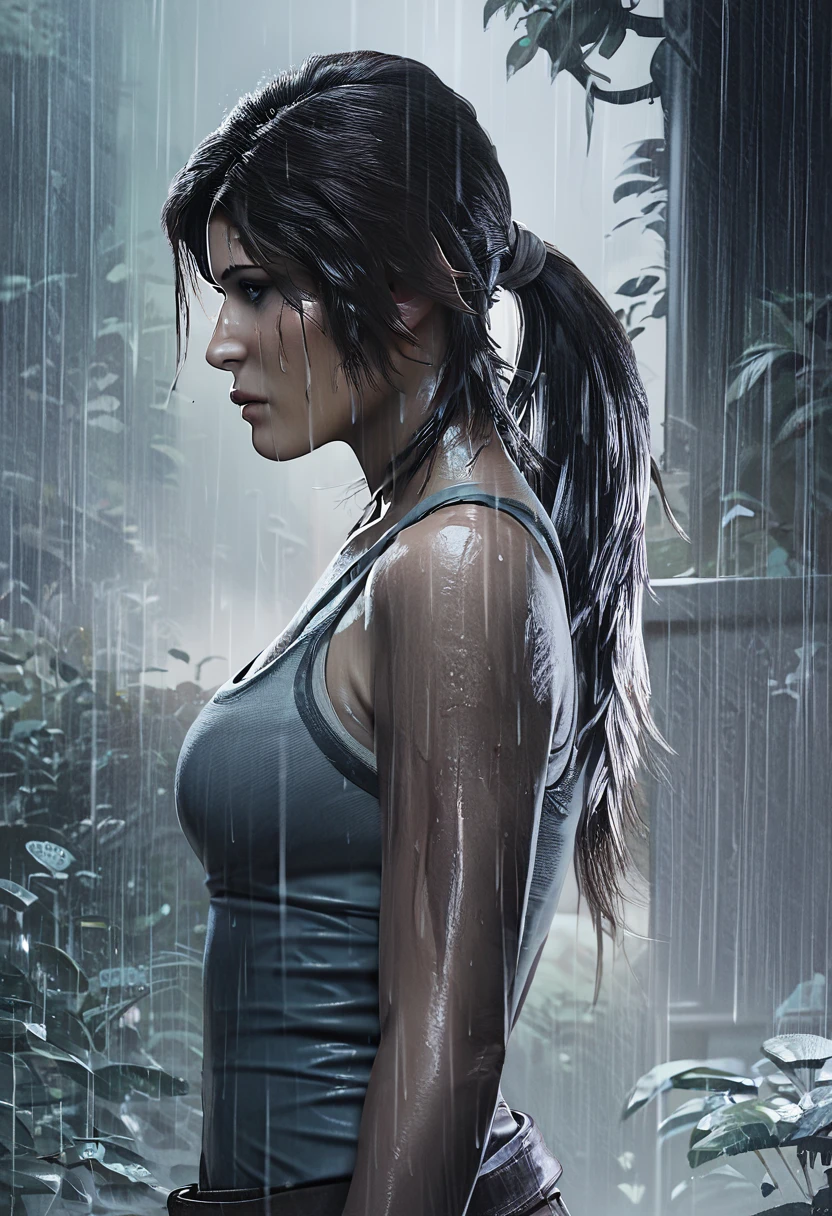 score_9, score_8_up, score_7_up, score_6_up, lara croft, from side, light blue tank top, rain <lora:LaraCroft2013:1>