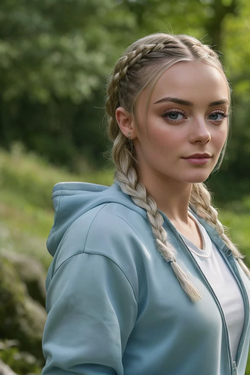 photo of S464_MillieGibson,a stylish woman,in a (glen:1.1),wearing a (tracksuit),(braids),(4k, RAW photo, best quality, 50mm, depth of field, ultra high res:1.1),(intricate, photorealistic, cinematic-shot, masterpiece, ultra-detailed:1.1),