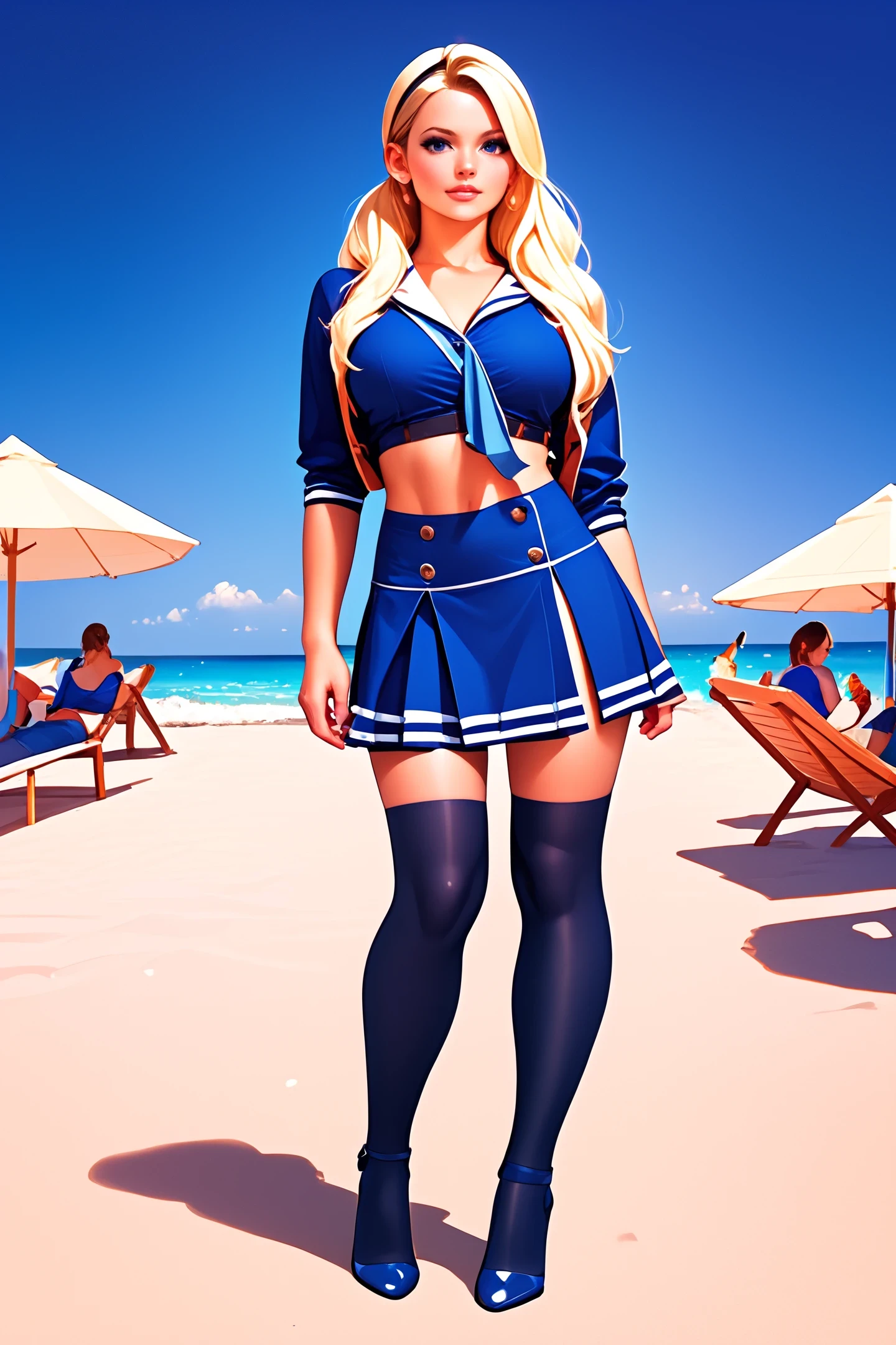 sapbd costume, blue crop top and skirt, thighhighs, blond, midriff,  <lora:babydoll_sapbd_costume:1>
large breasts, 
Nighttime bonfire and beach party at background,
illustration of woman standing. professional. high quality. highres, full body. beautiful. young. cartoon
score_9, score_8_up, score_7_up, score_6_up