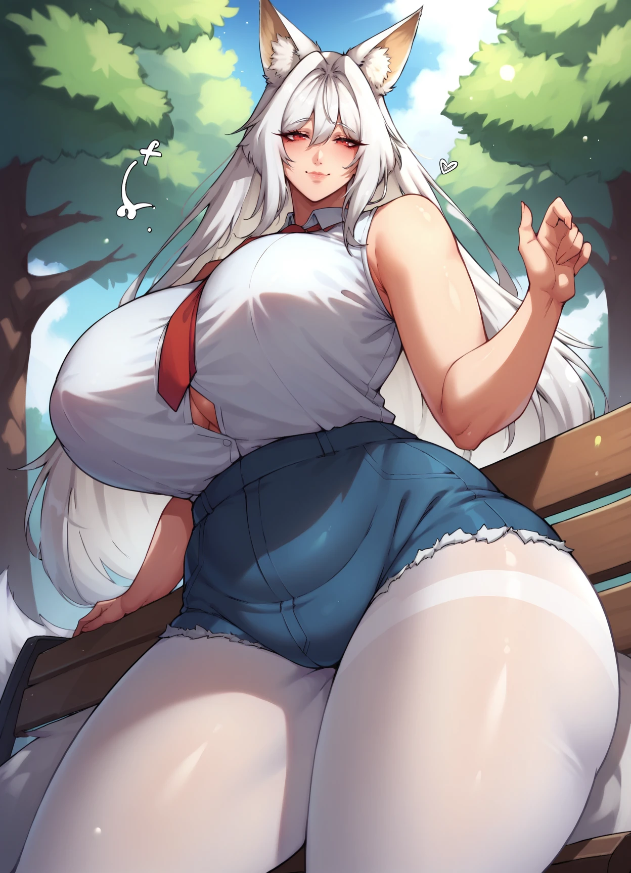 Futanari, large breasts, large, large balls, soft, inviting, tall, sweating, pent up, horny, fox ears, standing, Kemono, long hair, sexy, cute, close view, handholding, white hair, flaccid large penis, penis, panties, brown and white fur, thin waist, fox nose, Kemono furry, from below view, precum, lewd face, dragon girl, sports bra, big ass, park background, big and thick penis, plumpy big balls