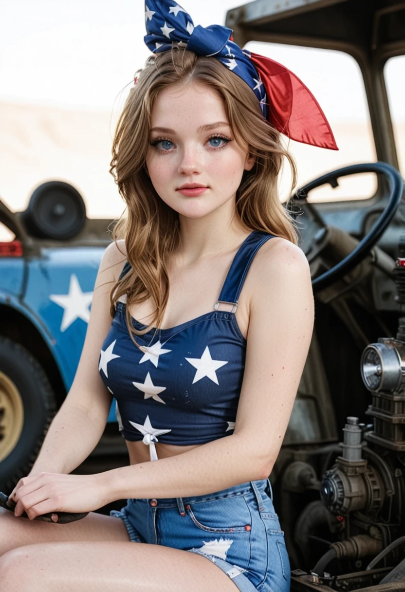 <lora:Jamie - The RBAAG_epoch_10:0.8>J4mi3, 1girl, american flag, armpits, bandana, blue eyes, blurry background, denim, denim shorts, freckles, ground vehicle, lips, long hair, looking at viewer, motor vehicle, patriotic, shorts, sitting, solo, suspenders, tied shirt  , subsurface scattering, Photorealistic, Hyperrealistic, analog style, realistic, film photography, soft lighting, heavy shadow