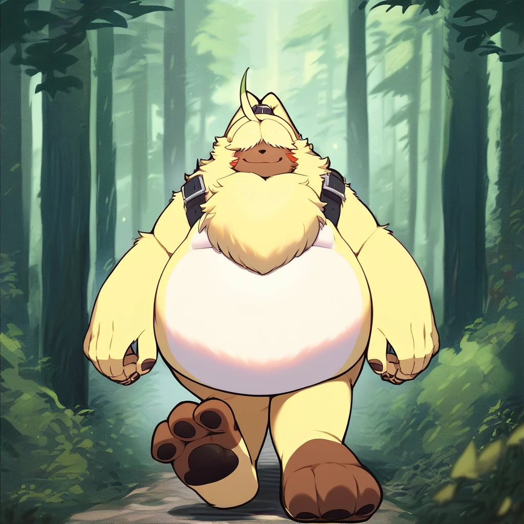 Terriermon、Giant Monsterountain of fat、The body is buried due to fat、The stomach is triangular、、Extreme obesity、very thick fat、my stomach touches the ground、Stomach like a giant balance ball、Saggy belly、detailed eyes, very very small face、head smaller than neck、Thick and short thighs、very very tall、animal-like legs、Cheeks that store fat、thick and short arms、huge torso、thick neck、fat neck、sharp claws、legs buried in fat thick and long tail、thick twisted corners、in a small forest, Naked, Male