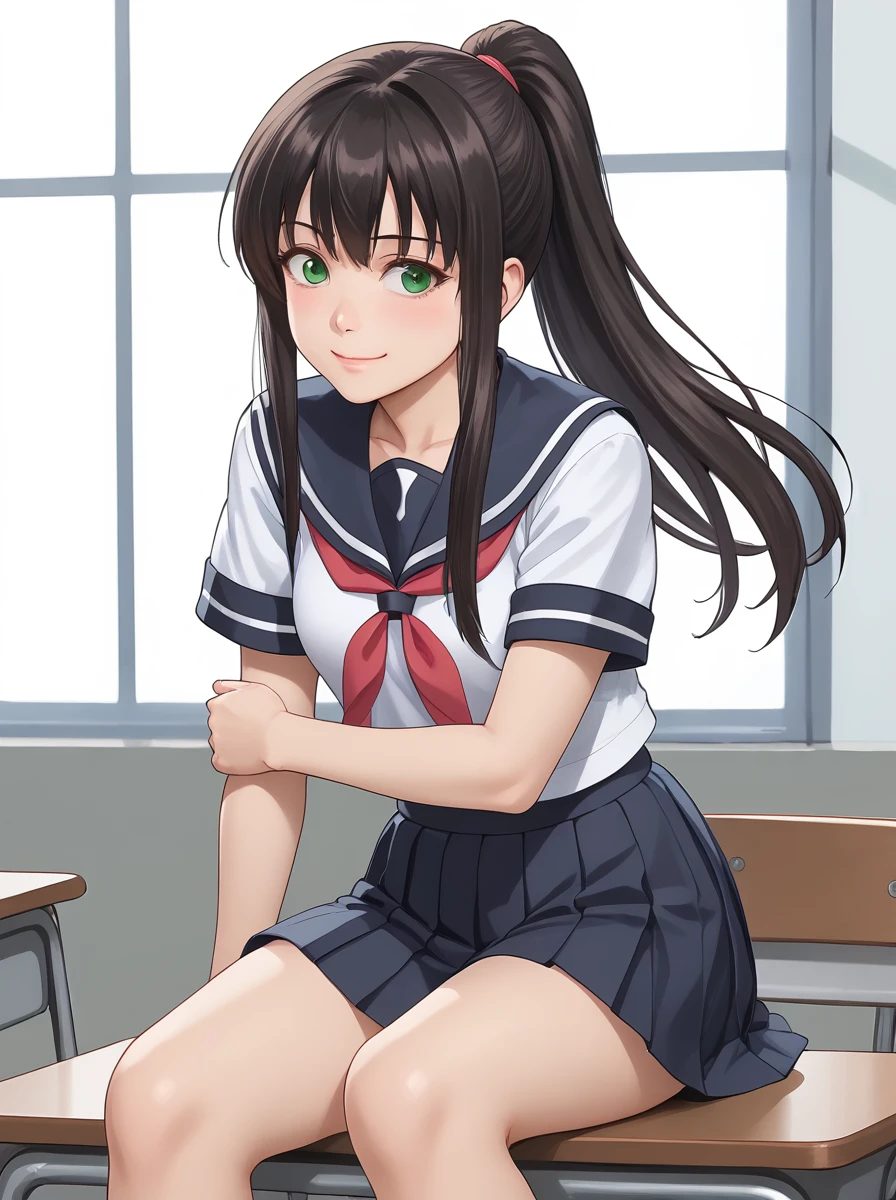 <lora:Kai_è®è±_Pony:0.7>,
Renfa, Black Hair, Long Hair, Green Eyes, Ponytail, smile, shy, serafuku, sailor collar, blue micro skirt, pleated skirt, short sleeves, school, campus,