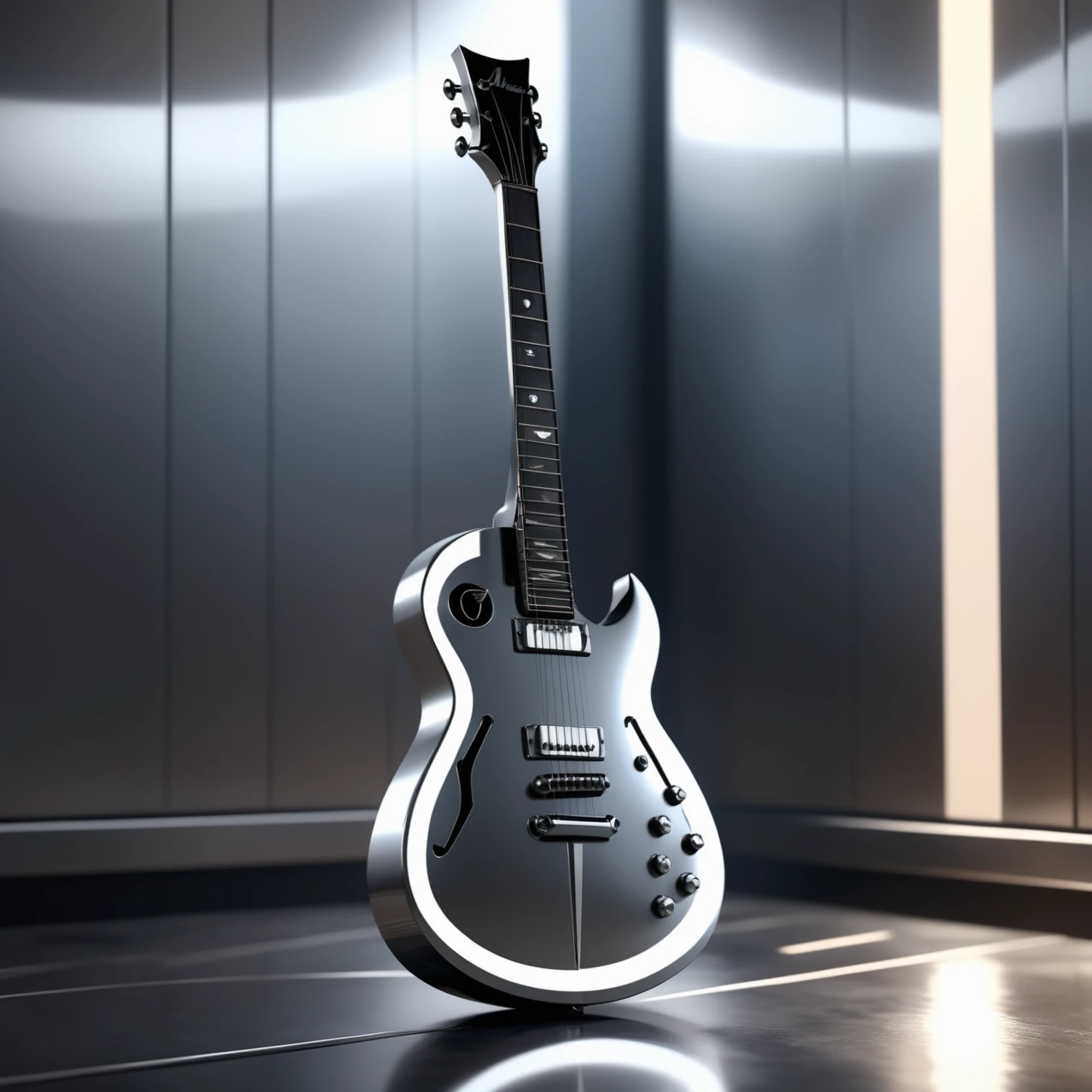 a Guitar made out of Jed-Steel, masterpiece, wallpaper engine, octane render ,  <lora:PolishedSteelStyle:0.7>