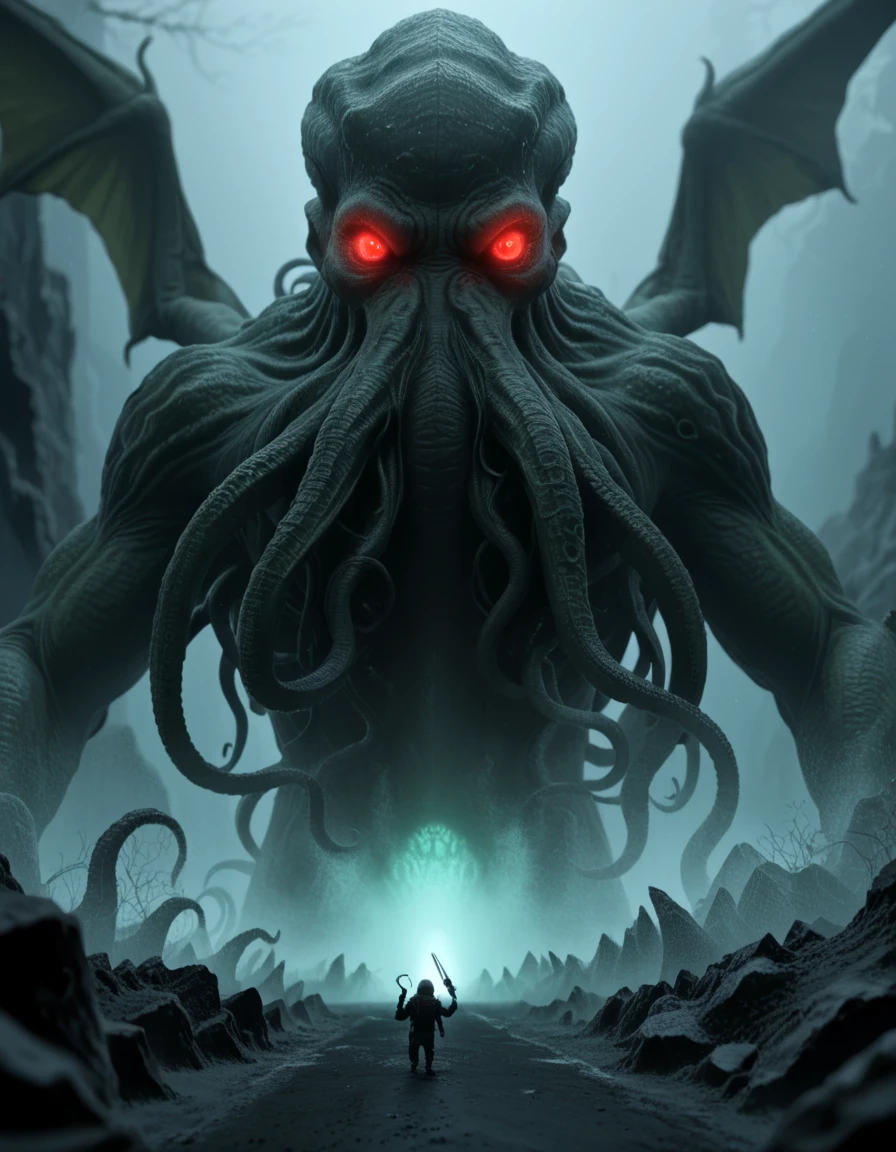 cthulhu, red eyes, holding, standing, weapon, male focus, from behind, blurry, glowing, glowing eyes, 1other, science fiction, size difference, pillar, extra eyes, fog, cave
 <lora:cthulhu_r1:1>