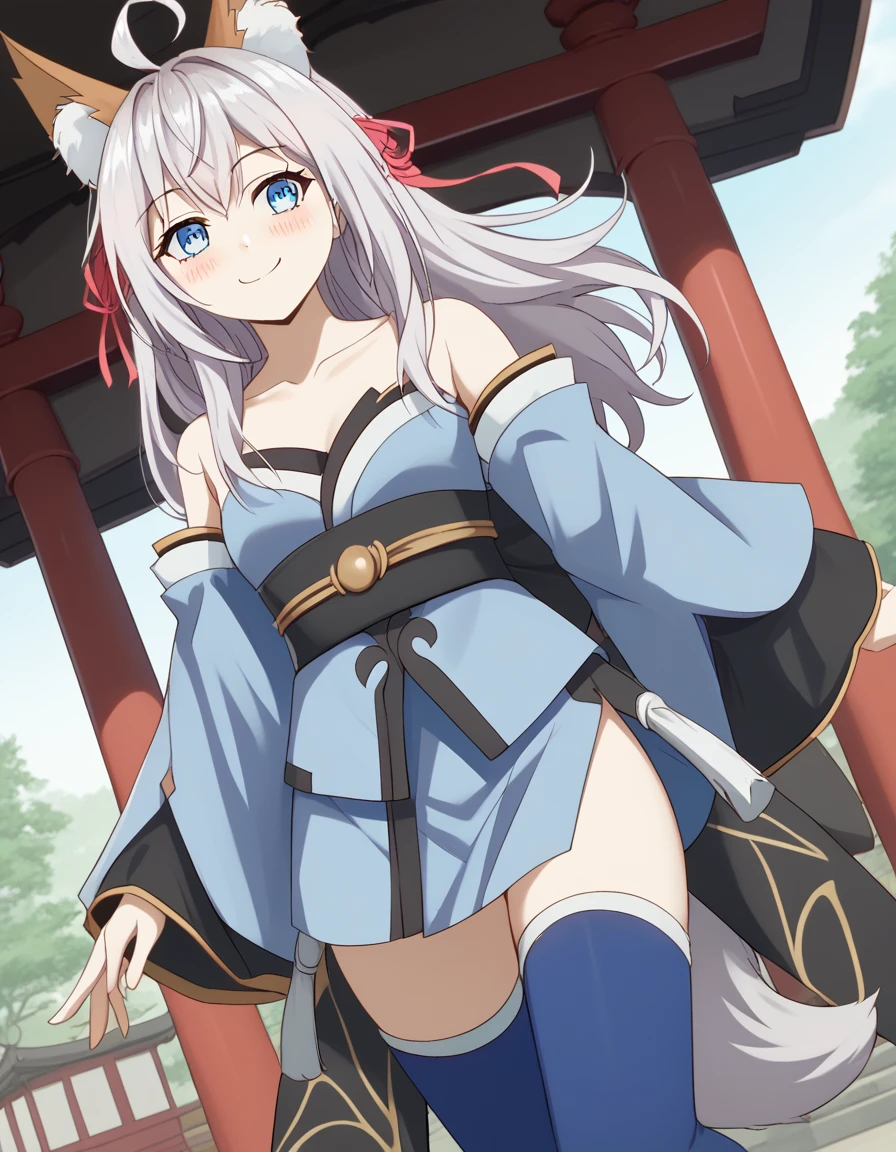 score_9, score_8_up, score_7_up, source_anime, alisamikhailovnakujou, <lora:alisa-mikhailovna-kujou-alpha-ponyxl-lora-nochekaiser:1>, alisa mikhailovna kujou, long hair, bangs, blue eyes, hair ribbon, ahoge, grey hair, red ribbon,, <lora:tamamo-no-mae-cosplay-ponyxl-lora-nochekaiser:1>, tamamonomaecosplay, tamamo no mae \(cosplay\), animal ears, bare shoulders, blue kimono, blue thighhighs, detached sleeves, fox ears, fox tail, japanese clothes, kimono, obi, sash, collarbone, thighhighs, wide sleeves,, shrine, smile, blush,, cowboy shot, dutch angle, solo,