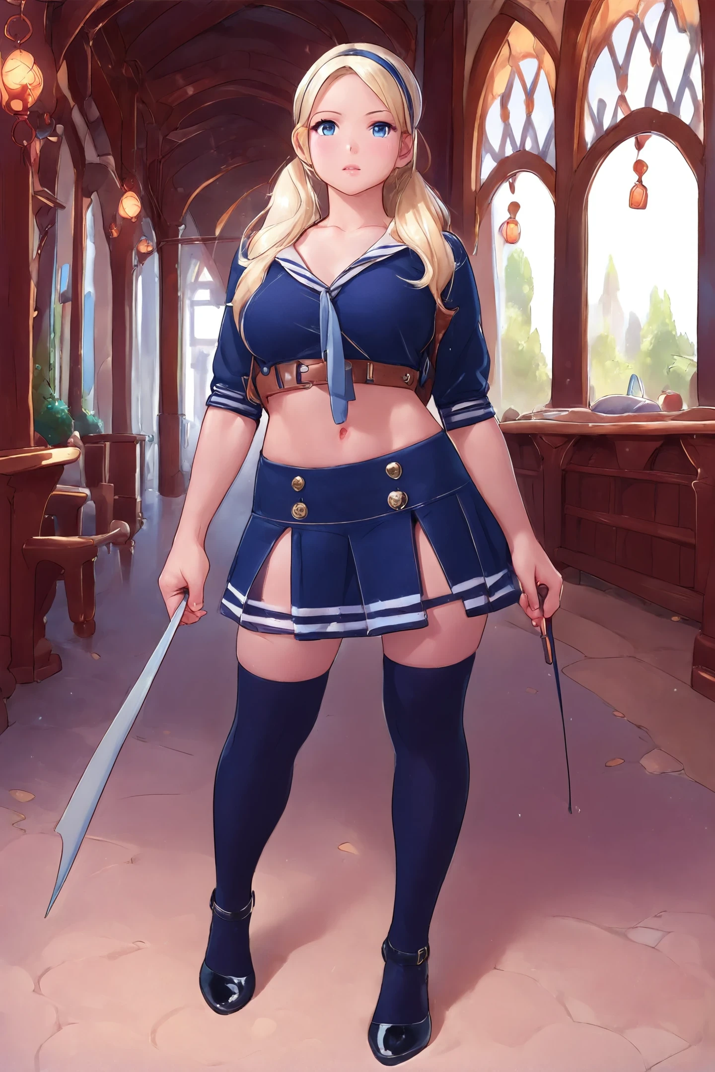 sapbd costume, blue crop top and skirt, thighhighs, blond, midriff,  <lora:babydoll_sapbd_costume:1>
large breasts, 
Old fishing village and dawn at background,
illustration of woman standing. professional. high quality. highres, full body. beautiful. young. cartoon
score_9, score_8_up, score_7_up, score_6_up