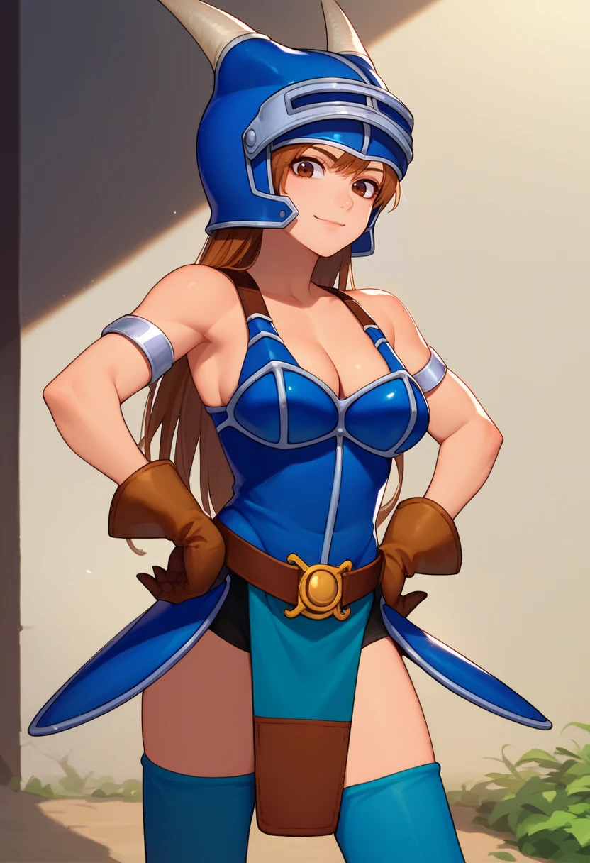 score_9, score_8_up, score_7_up, source_anime, solo, 1girl, dqdaisy, slight smile, looking at viewer, standing, hands on own hips, brown hair, horned helmet, fake horns, brown eyes, blue armor, belt, armlet, brown gloves, thighhighs, bare shoulders, cleavage, large breasts, outdoors <lora:dq_daisy_ponyXL-000008:1>