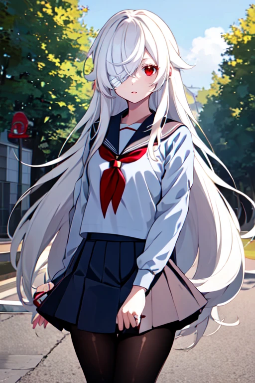 masterpiece,<lora:kaamin-40:1>
kaamin, 1girl, solo, long hair, blue eyes, skirt, hat, hair between eyes, school uniform, white hair, outdoors, sky, serafuku, day, cloud, sailor collar, neckerchief, black headwear, cherry blossoms, red neckerchief, black sailor collar, flat cap