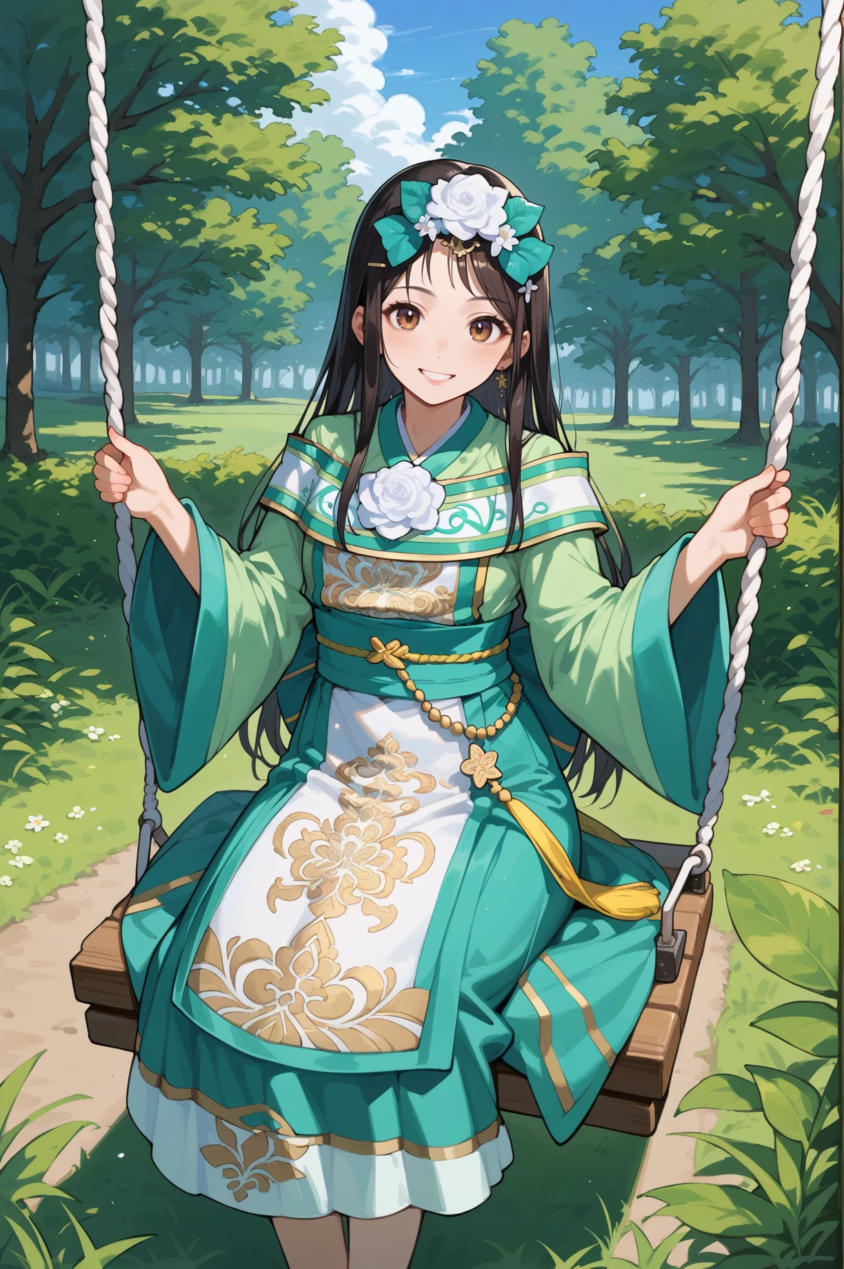 score_9, score_8_up, score_7_up , source_anime, masterpiece, best quality, perfect anatomy, BREAK She sits on a swing, leaning back with a carefree smile., <lora:Xiahouji_Dynasty_Warrior:0.7> 1girl, solo, long hair, black hair, hair flower, cowboy shot, looking at viewer