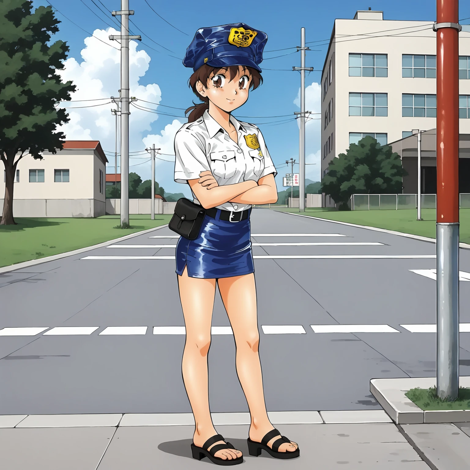 <lora:SMPKyokoSakuradaXLpony001>,
solo,
KyokoSakurada,1girl,brown hair,low ponytail,brown eyes,
police hat,
white shirt,short_sleeves,
mini skirt,
sandals,high_heels,
outdoors,
full body,standing,