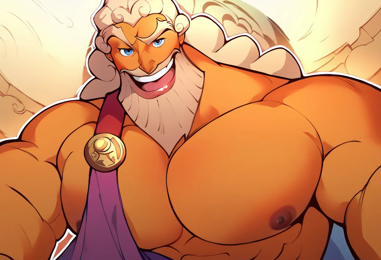 score_9,score_8_up,score_7_up,score_6_up, ZeusDisney, Zeus, orange skin, pecs happy, looking at viewer, thick eyebrows, blue eyes, handsome