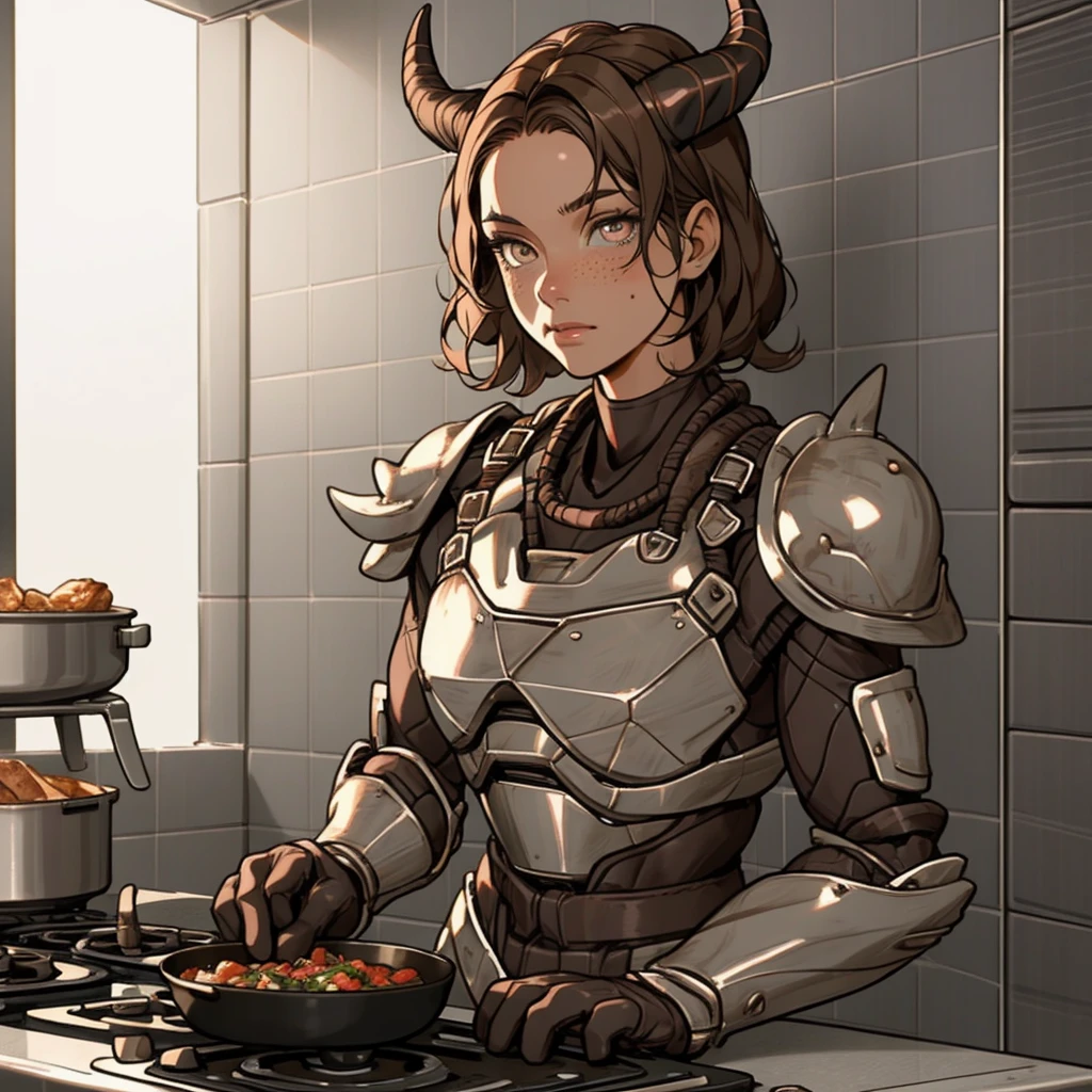 <lora:Metal_Armor_Fallout:0.8> falloutmetal, armor, gray armor, breastplate, gloves, full_armor, male, kitchen, stove, cooking food, fridge, signs on wall  <lora:Zabrak_LORA:1> Zabrak, horns, brown hair, best quality, masterpiece, detailed, 8K, uhd, (extremely detailed CG unity 8k wallpaper),(masterpiece), (best quality), (ultra-detailed), (best illustration), detailed face, skin pores, detailed skin, detailed eyes, high quality eyes, good quality hands, high resolution, great anatomy