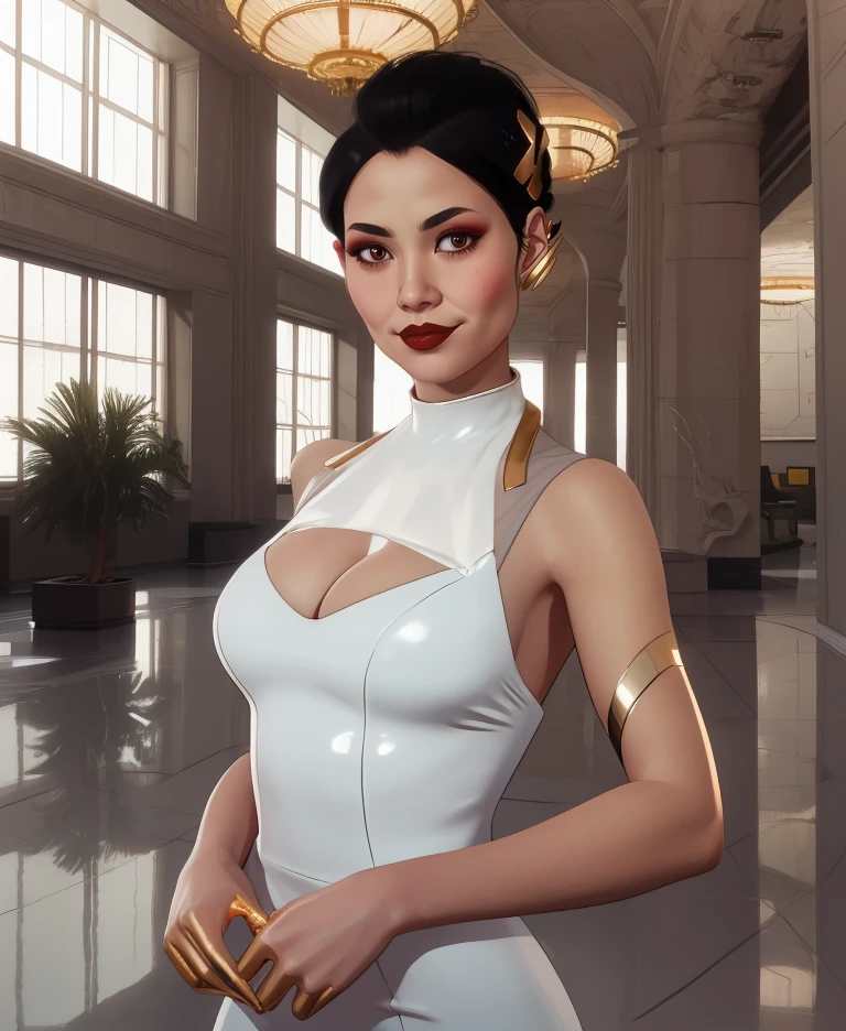 hanako,black hair,lips,hair ornament,hairbun,brown eyes,glowing eyes,
white dress,jewelry,gold earpiece,
light smile,looking at viewer,cleavage,
indoors,lobby,science fiction,
(insanely detailed, masterpiece, best quality),solo,<lora:HanakoArasaka-CP77-16:0.9>,