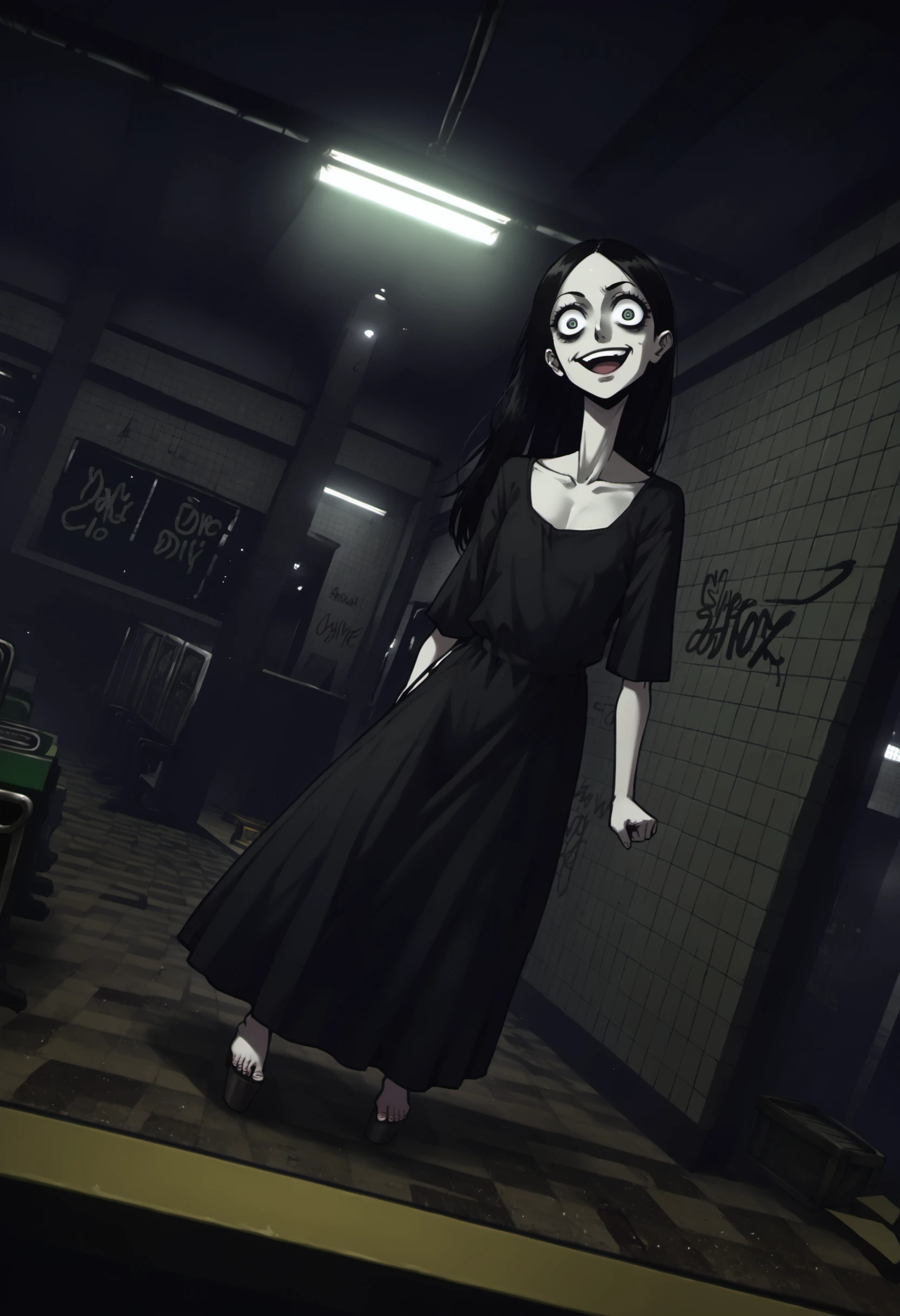 score_9, score_8_up, score_7_up, score_6_up, source anime
BREAK
1girl, black hair, long hair, parted bangs, big eyes, creepy eyes, expressionless, skinny, black dress, flat chest, tall female, barefoot, feet (head tilt:1.2), looking at viewer, creepy smile, open mouth, monster, hunched over, long neck, peeking, (dutch angle:1.6), crazy eyes, crazy smile, crazy, standing, pale skin, grey skin, reaching towards viewer,
BREAK
SGMSubway, indoors, subway station, (subway station platform:1.2), (platform:1.2), dark, dim lighting, shadows, industrial, underground, eerie, atmospheric, empty space, tiled walls, graffiti, concrete floor, neglected, pillar, decayed, fluorescent lights, wooden crates, puddles, metal pillars, volumetric light, bench, open space <lora:Slashers_Abandoned_Subway_Station_Style_Background:1> <lora:StrangeWorld_Pony:1>