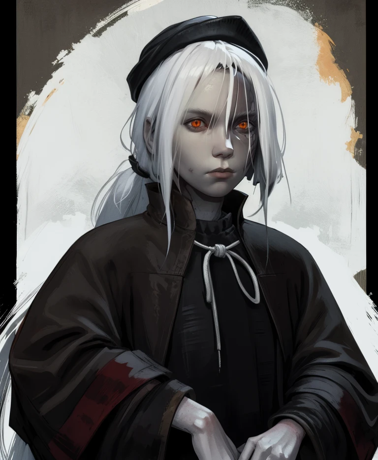 thepinter,orange eyes,slit pupils,white hair,long ponytail,pale skin,scales,facial mark,
black dress,red caplet,long sleeves,hat,close up,
dark,dim lighting,
(insanely detailed,  masterpiece, best quality),solo,<lora:thepainter-D3a-28:0.9 >,