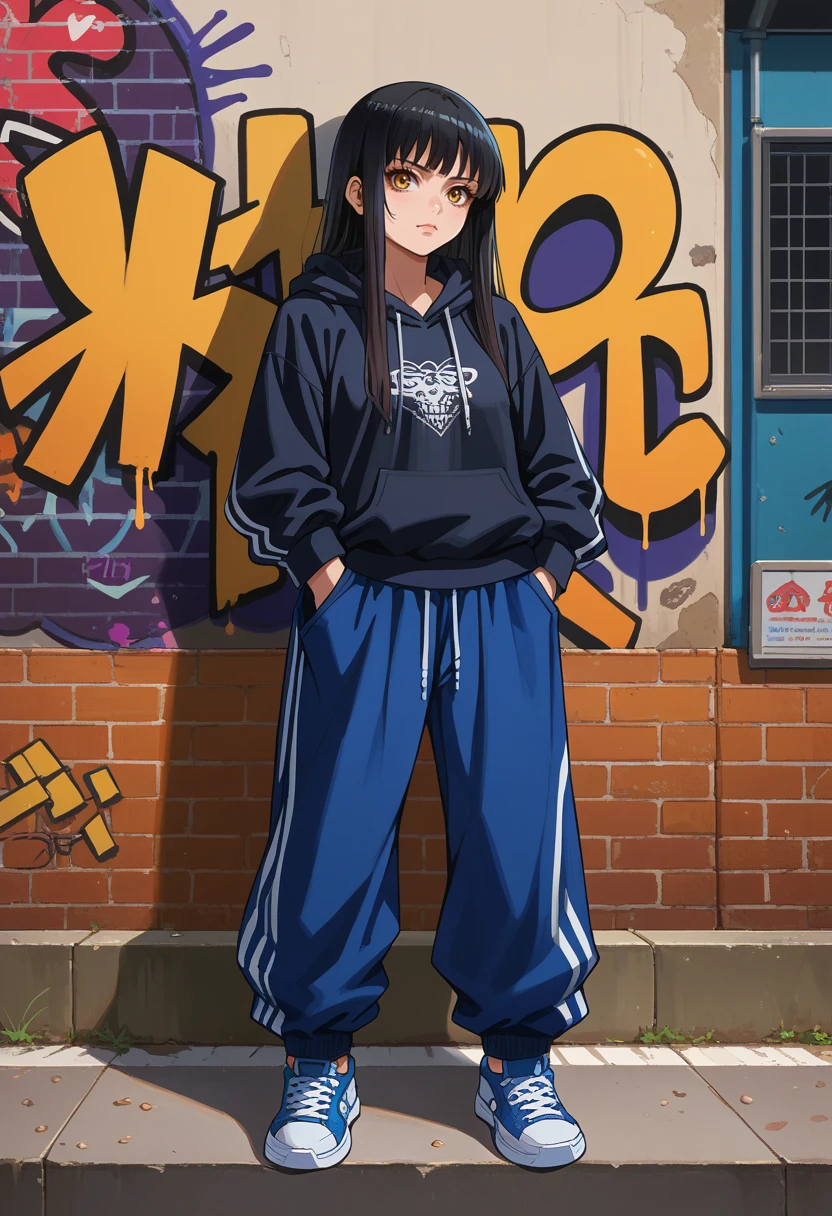 score_9, score_8_up, source_anime, 1girl, solo, YotsuyaMiko, bangs, long hair, urban and street style, graffiti-inspired colors, baggy pants, hoodie, sneakers, jewelry, confident expression, graffiti walls, <lora:ChamYotsuyaMikoPonyXL:1>