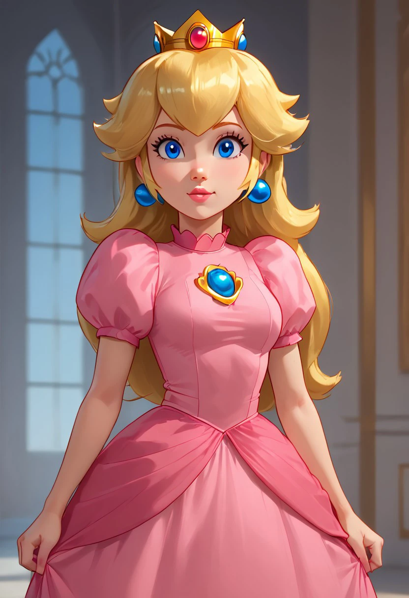 Blonde hair, shoulder length hair, wavy locks of hair, locks around the face, light skin, blue eyes, pink dress, sleeves, short puffed sleeves, heart-shaped neckline, dress fitted at the waist, bell dress, brooch blue gem on the chest, blue earrings, blue gem, white elbow-length gloves, golden crown with three gems.