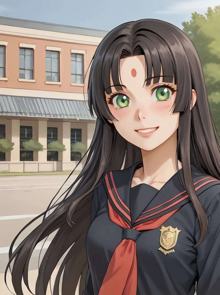 <lora:Kai_æ³çæ¾_Pony:0.7>,
Izumi Masumi, Black Hair, Long Hair, Green Eyes, Forehead Mark, smile, blush, student uniform, school, campus,