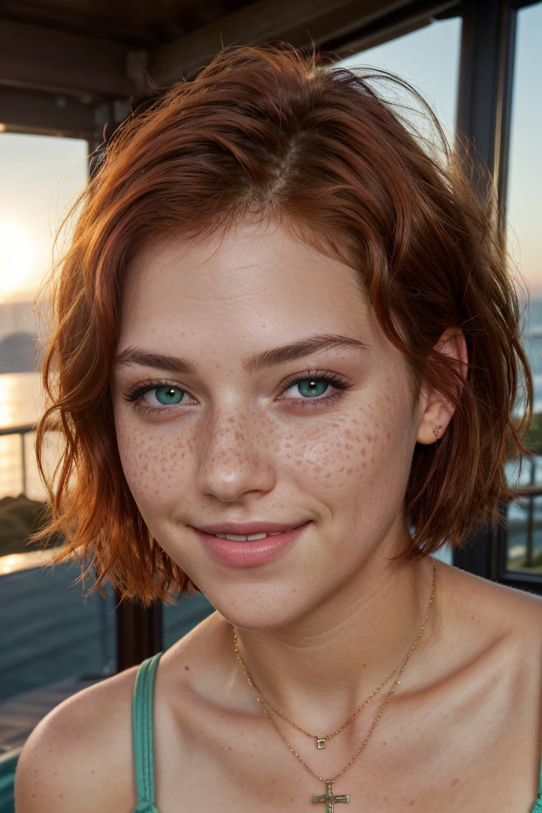 a cute woman with short red hair, green eyes, freckles, full lips, happy smile BREAK
wearing a leather outfit, cross necklace, looking into the distance BREAK
in a club on top of a hill overlooking the sea during a sunrise BREAK
raw picture, 35mm photograph, sharp focus, american shot, dutch angle, dolly zoom, lens flare, deep shadows, volumetric lights, skin pores, very detailed face