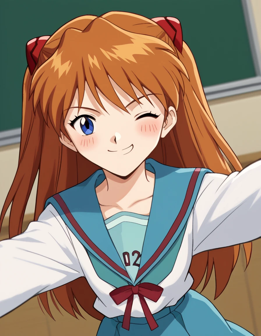 score_9, score_8_up, score_7_up, source_anime, asukalangleysoryu, <lora:asuka-langley-soryuu-classic-ponyxl-lora-nochekaiser:1>, asuka langley soryu, long hair, bangs, blue eyes, brown hair, hair ornament,, <lora:haruhi-suzumiya-cosplay-ponyxl-lora-nochekaiser:1>, haruhisuzumiyacosplay, suzumiya haruhi \(cosplay\), skirt, long sleeves, school uniform, serafuku, sailor collar, blue skirt, blue sailor collar, winter uniform, kita high school uniform,, classroom, one eye closed, pointing at viewer, smile, blush,, cowboy shot, dutch angle, solo,