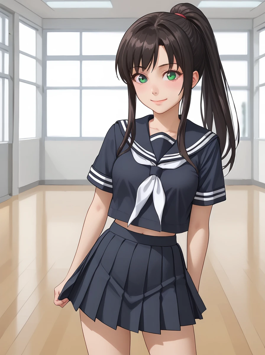 <lora:Kai_è®è±_Pony:0.7>,
Renfa, Black Hair, Long Hair, Green Eyes, Ponytail, smile, shy, serafuku, sailor collar, blue micro skirt, pleated skirt, short sleeves, school, campus,