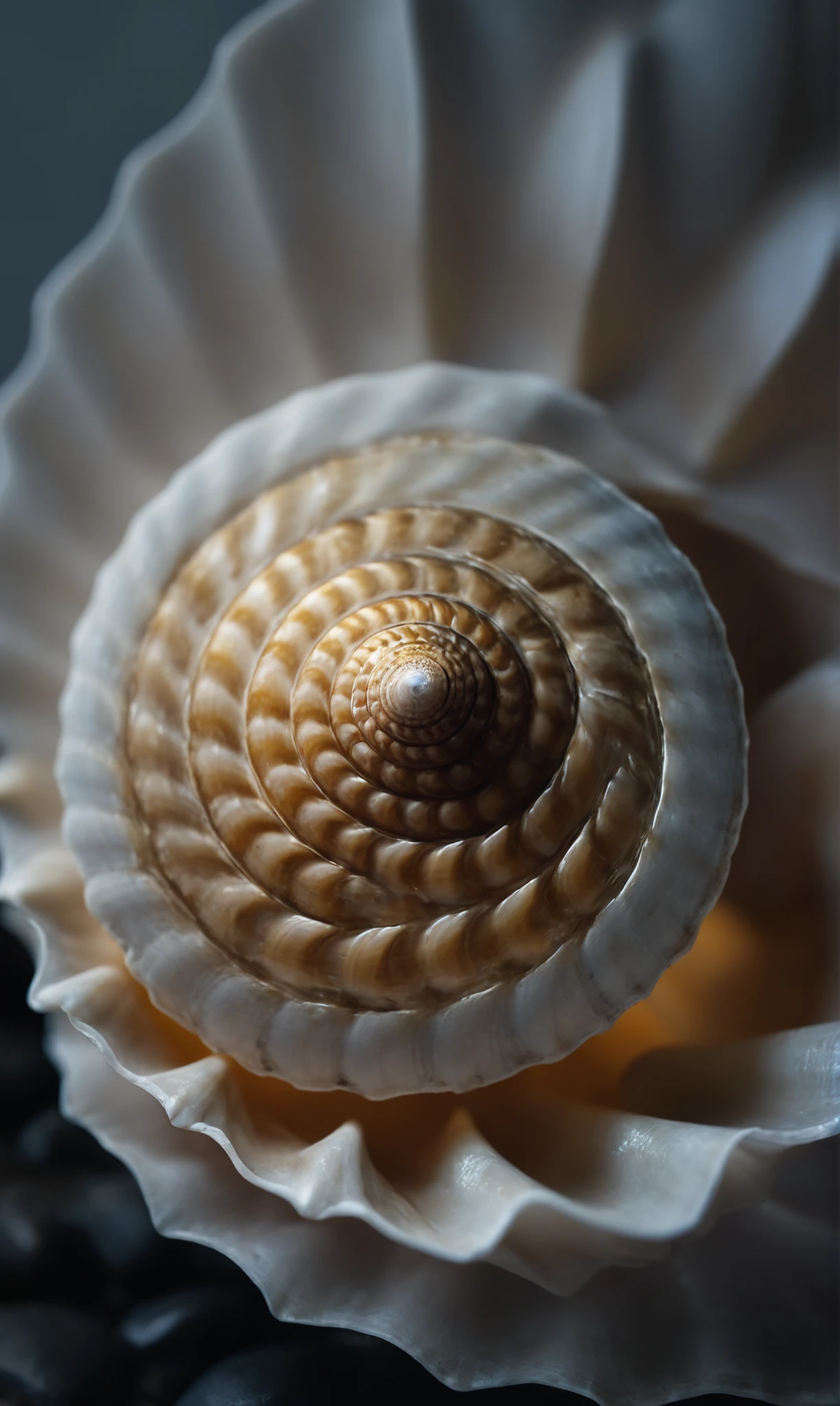 A macro photograph of a seashell, showcasing its spirals and ridges. The black, gold and white image emphasizes the textures and patterns. Shot with a Leica SL2, 100mm f/2.8 APO Macro Elmarit lens, f/14 aperture, 1/200 sec shutter speed, ISO 100. Sharp focus on the shellâs ridges, minimalist composition, high contrast lighting. Masterpiece, by Edward Weston, high resolution detail, studio photo quality