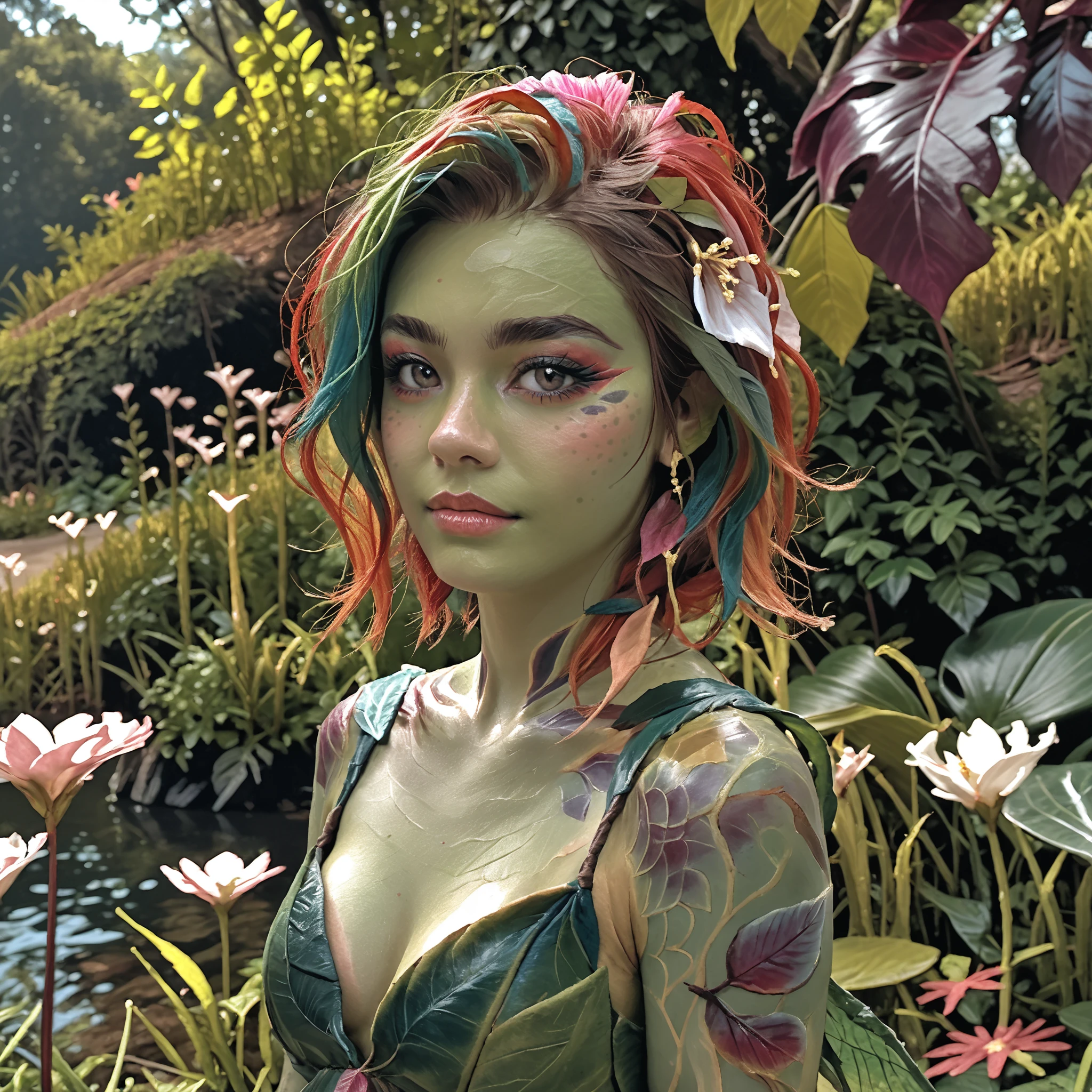 score_9, score_8_up, score_7_up, source_photo, realistic, photo, solo, plant girl, monster girl, two-tone hair, colored skin, leafy skin, <lora:extreme_detailer_pony:0.2>   <lora:Sylvari:1>