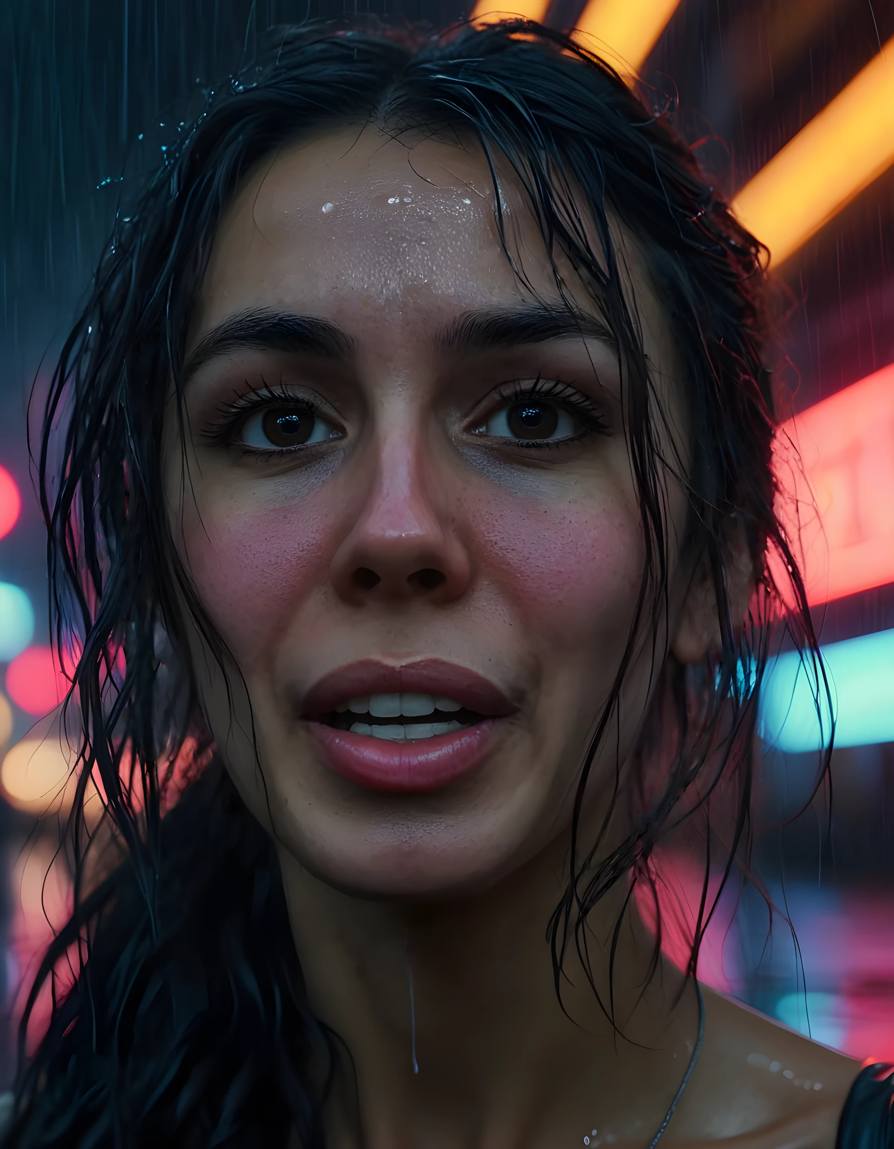 In a gritty, neo-noir setting reminiscent of Blade Runner's rain-soaked cityscape, the camera captures a striking close-up of S4R4D - a woman with piercing brown eyes, her teeth glistening, and long, disheveled hair cascading over one shoulder. Her parted lips are slightly pursed, as if on the verge of speaking or singing, against a backdrop of blurry neon lights that illuminate her face from below, casting ominous shadows across her strong jawline and high cheekbones. The image is imbued with an emotional tension, hinting at a hidden story waiting to be unraveled.