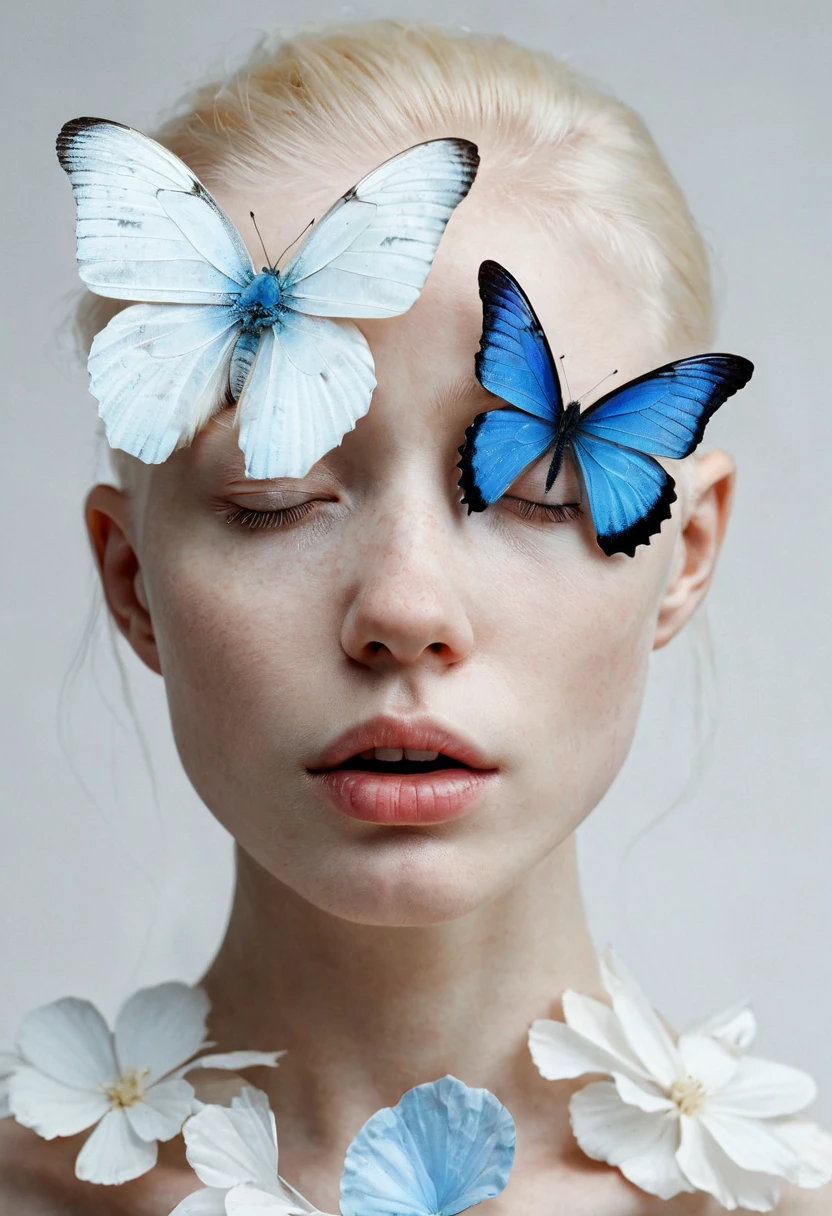 raw textured professional photography by Martin Deschambault and Alessio Albi, serene beautiful albino woman with a electric blue (butterfly on her mouth), closed eyes, white background, photorealistic, 8k, natural lighting, HDR, high resolution, shot on IMAX Laser, intricate details, amazing skin details
