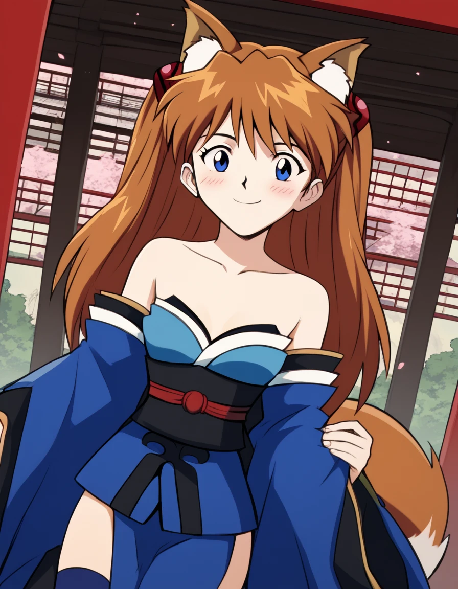 score_9, score_8_up, score_7_up, source_anime, asukalangleysoryu, <lora:asuka-langley-soryuu-classic-ponyxl-lora-nochekaiser:1>, asuka langley soryu, long hair, bangs, blue eyes, brown hair, hair ornament,, <lora:tamamo-no-mae-cosplay-ponyxl-lora-nochekaiser:1>, tamamonomaecosplay, tamamo no mae \(cosplay\), animal ears, bare shoulders, blue kimono, blue thighhighs, detached sleeves, fox ears, fox tail, japanese clothes, kimono, obi, sash, collarbone, thighhighs, wide sleeves,, shrine, smile, blush,, cowboy shot, dutch angle, solo,