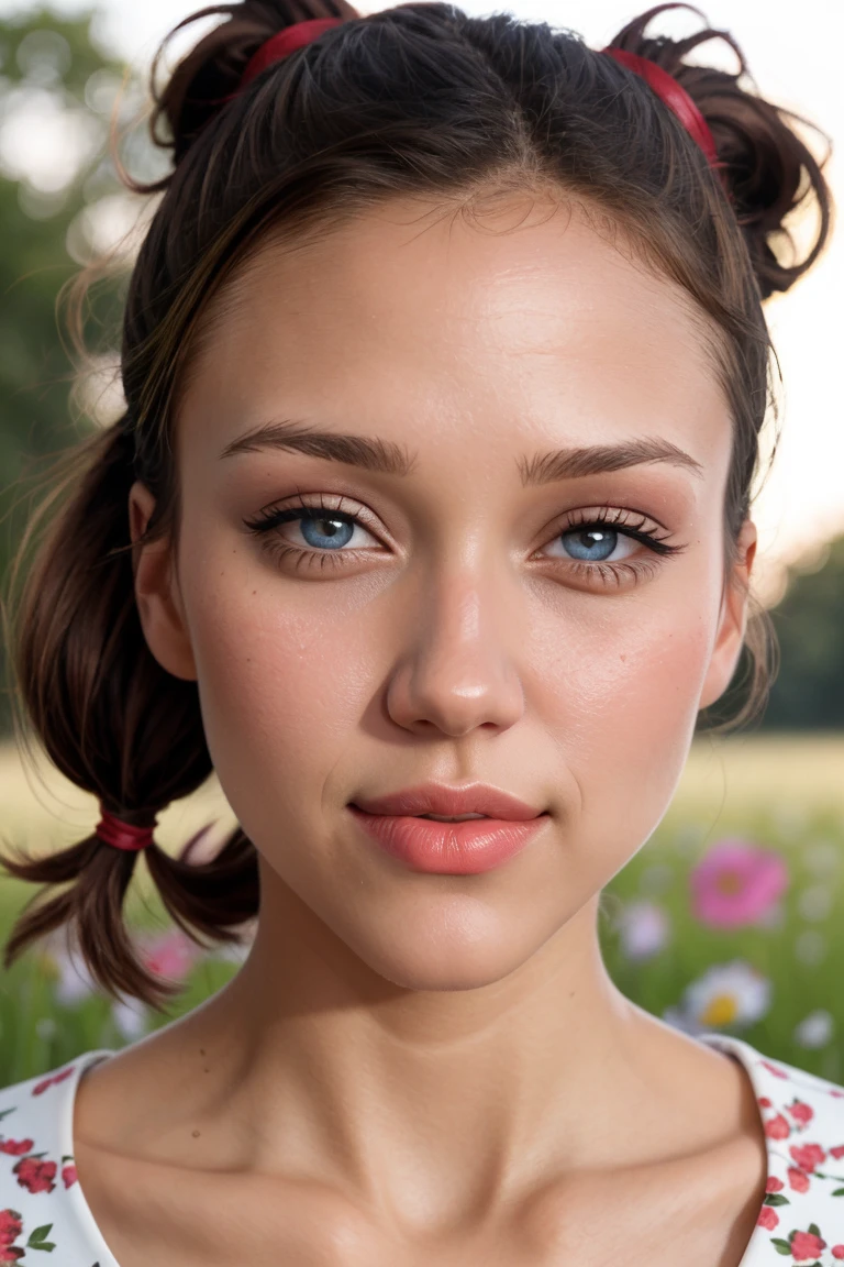 jessicaalba, ((red lipstick, blush)),((detailed skin, detailed face, detailed eyes, beautiful eyes)), ,photo of a woman, RAW, close portrait photo, ((beautiful floral print sundress)),((short hair, pigtails)), ((outdoors, gorgeous meadow, walking)), 8k uhd, dslr, soft lighting, high quality, film grain, Fujifilm XT3 sharp focus, f 5.6,, slight smile, ((detailed eyes, beautiful eyes, detailed face, beautiful face)),