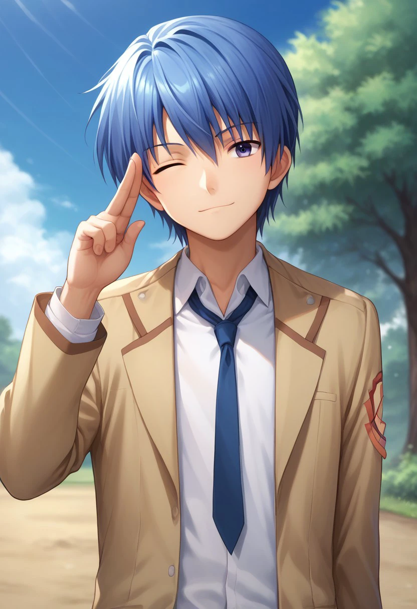 score_9, score_8_up, score_7_up, source_anime, highly detailed, 
hideki, 1boy, male focus, school uniform, solo, blue hair, one eye closed, blue eyes,
shinda sekai sensen uniform, Two-finger salute, salute,
outdoor, sky, blue sky, tree