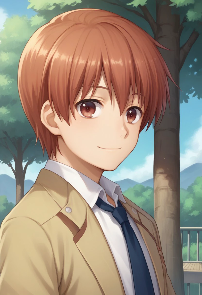 score_9, score_8_up, score_7_up, source_anime, highly detailed, 
yuzuru, 1boy, school uniform, male focus, solo, brown eyes, necktie, shinda sekai sensen uniform, red hair, red eyes, upper body, smile,
outdoor, sky, tree,