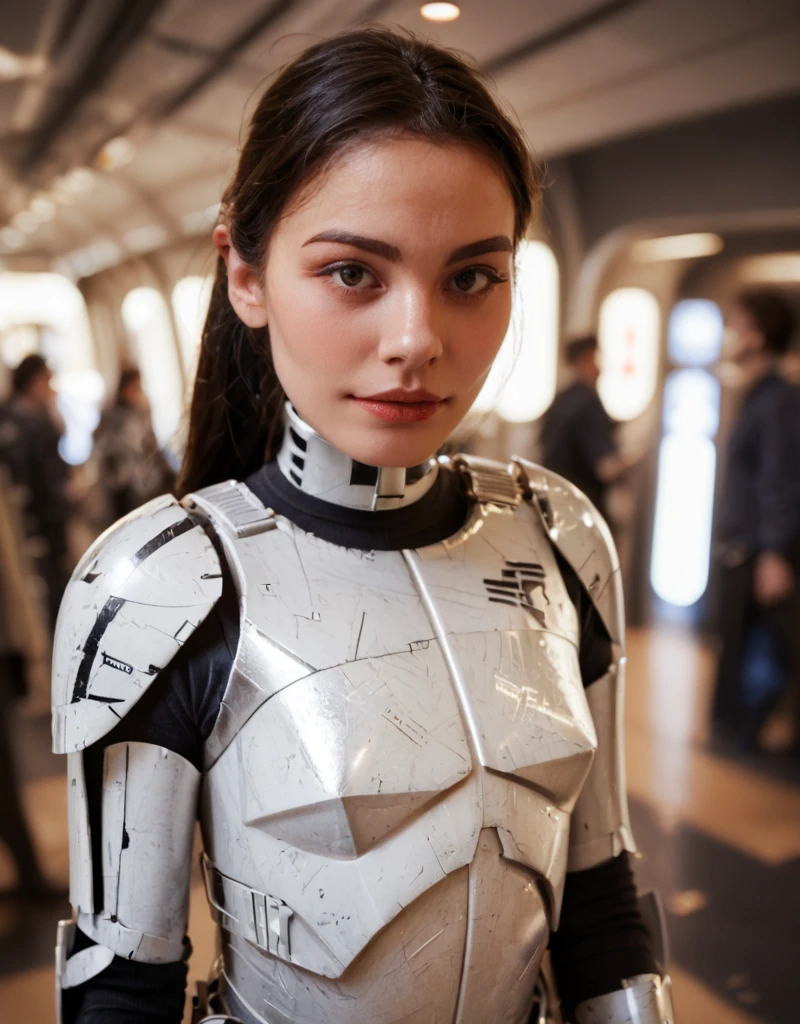 score_9, score_8_up, score_7_up, score_6_up, score_5_up, score_4_up,  photorealistic, realistic, , blurry background, spacecraft interior,  Clone-Trooper, Clone-Wars, solo, 1girl, holding, female focus, armor, parody, black hair, tan skin, <lora:Phase_I_Clone_Trooper:1>