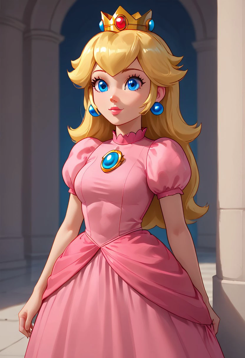 Blonde hair, shoulder length hair, wavy locks of hair, locks around the face, light skin, blue eyes, pink dress, sleeves, short puffed sleeves, heart-shaped neckline, dress fitted at the waist, bell dress, brooch blue gem on the chest, blue earrings, blue gem, white elbow-length gloves, golden crown with three gems.