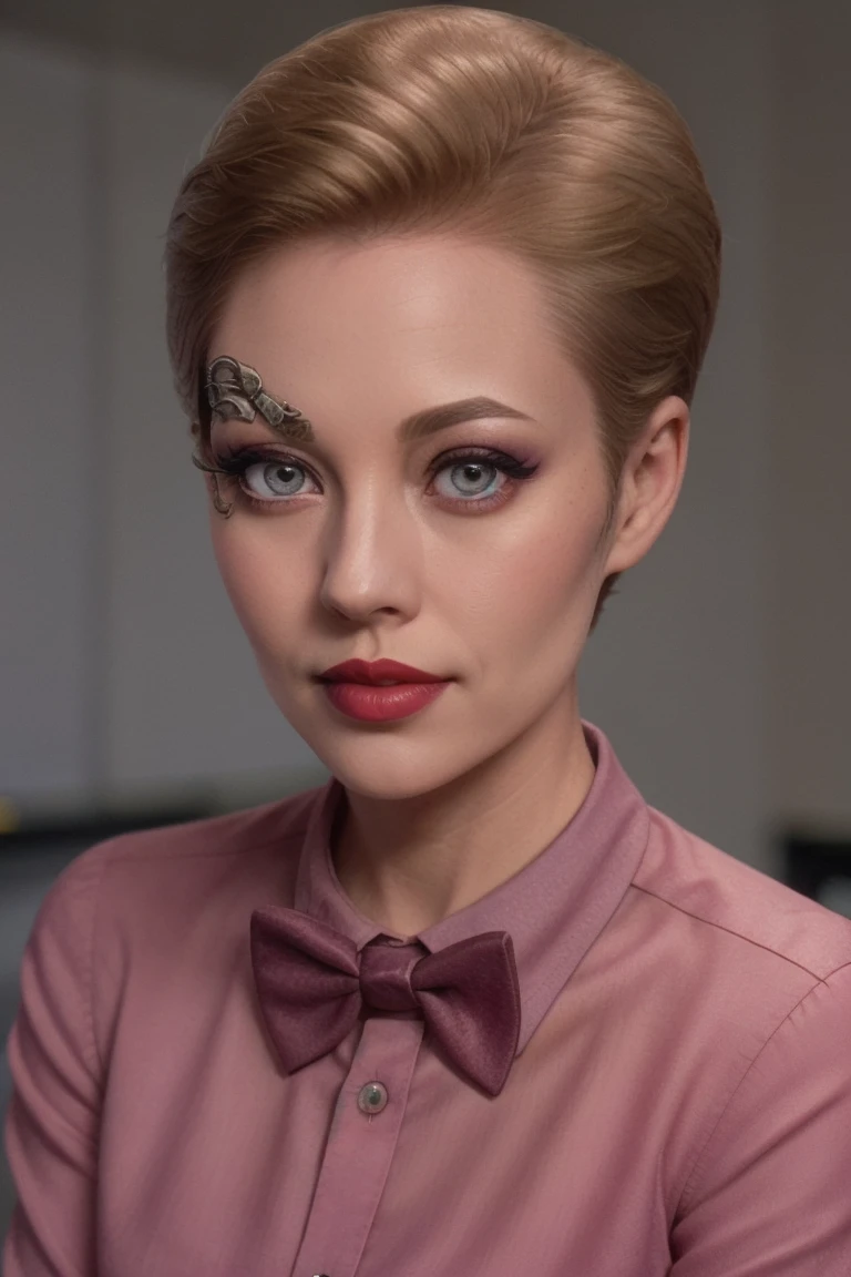 <lora:sevenofnine-09:0.6>,sevenofnine, ((short hair, pixie cut)), ((detailed skin, detailed face):1.2), ((detailed eyes, beautiful eyes):1.2), ((red lipstick, blush, eye shadow, eyeliner, pale skin)), ,photo of a woman, RAW, close portrait photo, ((bowtie, shirt)),((short hair)), ((classroom, sitting)), slim body, 8k uhd, dslr, soft lighting, high quality, film grain, Fujifilm XT3 sharp focus, f 5.6,((red lipstick, blush)) , slight smile, ((detailed eyes, beautiful eyes, detailed face, beautiful face)),