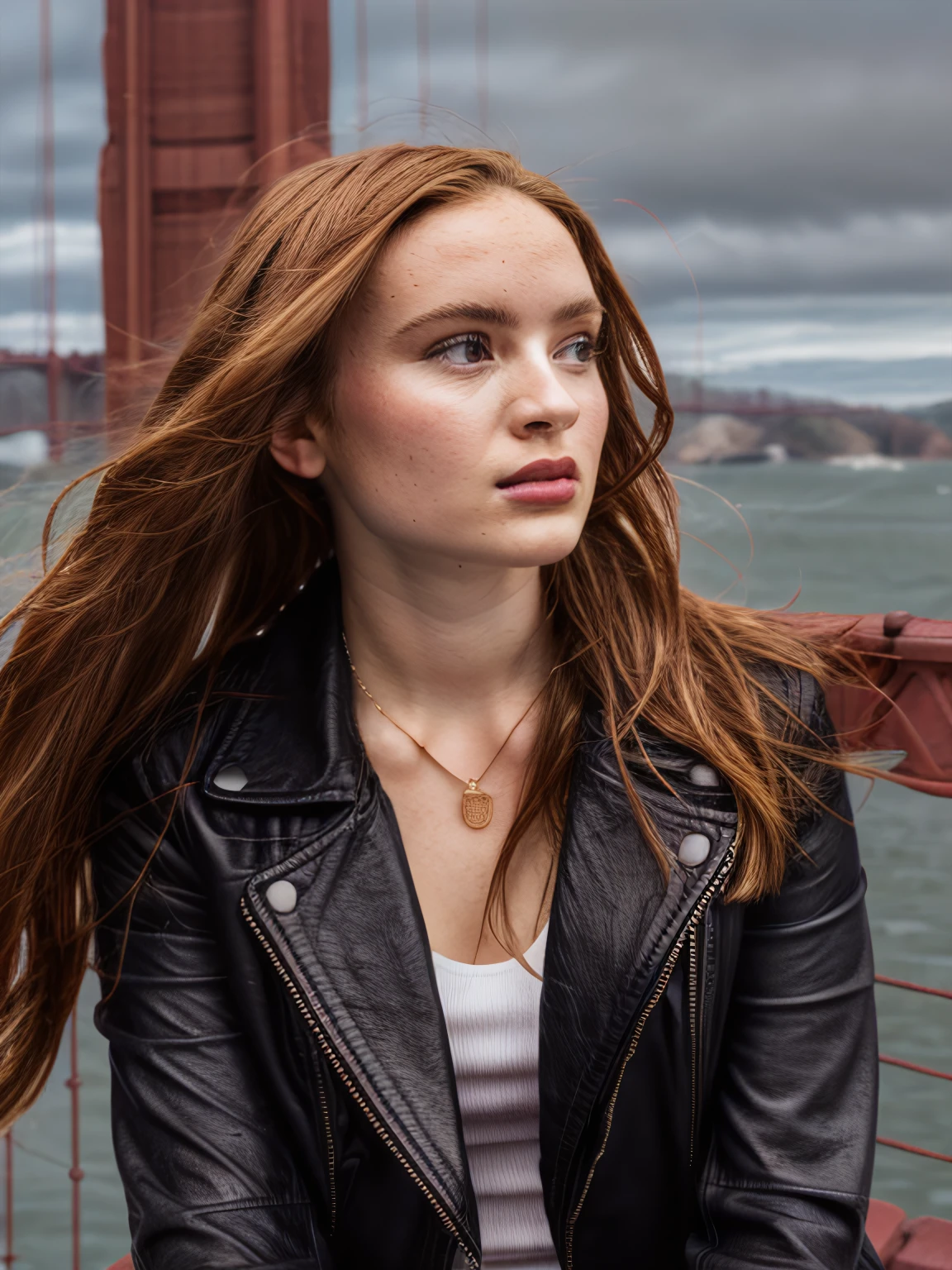 sssink, professional portrait of 1girl in a polka dot jacket, lip gloss, lips, youthful, pretty face, necklace, face details, side lighting, looking away, lips parted (((AT GOLDEN GATE BRIDGE))), sharp focus