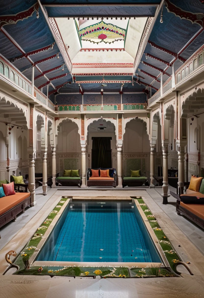 An exquisite indoor swimming area nestled within a grand Indian haveli. The ornate roof is adorned with intricate decorations that catch the eye, depicting traditional Indian motifs. The floor of the pool is crafted with a stunning floral pattern, painted onto the concrete surface. Comfortable Indian-style sofas and pillows surround the area, inviting relaxation and leisure. The atmosphere is a harmonious blend of luxury, tranquility, and cultural authenticity. Indian_Building, InteriorType:MansionBath, Bathing-Area