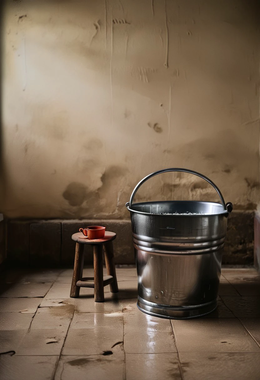 An indoor setting with a metallic bucket placed on the left, filled with water. Adjacent to the bucket is a small wooden stool. To the right of the stool, there's a small orange mug and a small soap case. The floor appears to be of concrete, and the walls have a muted green color. The lighting in the room seems to be coming from a window or an opening on the left side, casting a soft glow on the objects., Indian_Building, IInteriorType:RuralBath, Bathing-Room