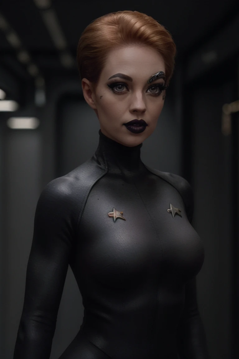 <lora:sevenofnine-09:0.6>,sevenofnine, ((short hair, pixie cut)), ((detailed skin, detailed face):1.2), ((detailed eyes, beautiful eyes):1.2), ((red lipstick, blush, eye shadow, eyeliner, pale skin)), ,photo of a woman, RAW, close portrait photo, ((black turtleneck bodysuit, cape)),((short hair, dark red hair)), ((detailed scifi city, neon lights, buildings)), (cowboy shot, waist, hips, thighs), 8k uhd, dslr, soft lighting, high quality, film grain, Fujifilm XT3 sharp focus, f 5.6,((black lipstick, heavy eyeliner, heavy eye shadow, goth makeup, pale skin)) , serious