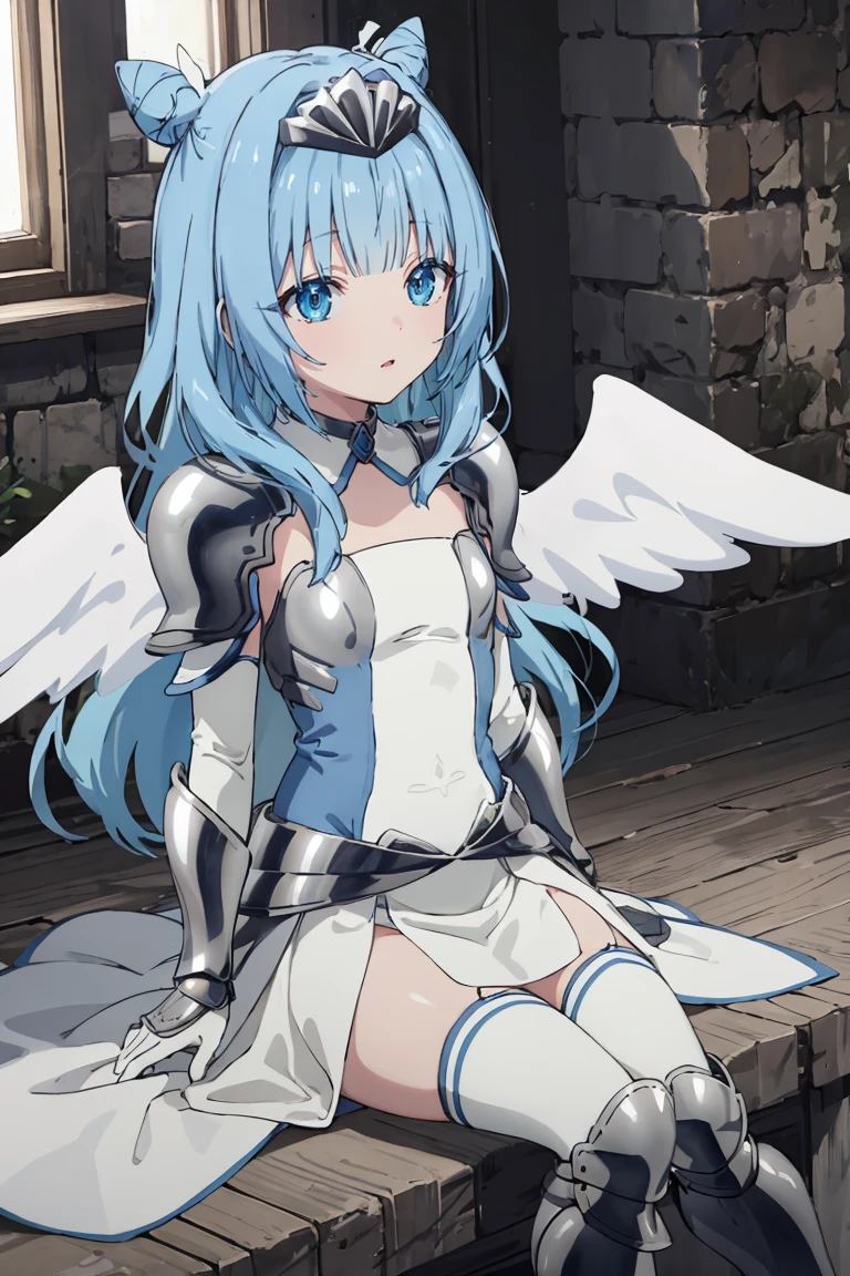 masterpiece, best quality, ultra-detailed, glistening shiny, glowing light, ray tracing, HDR, deph of field, (perfect face, detailed face), <lora:Sylphy:0.7>, sylphy, long hair, double hair bun, angel wings, white dress, armored dress, pauldrons, armored gloves, armored boots, armored tiara, white thighhighs, white cape, sitting