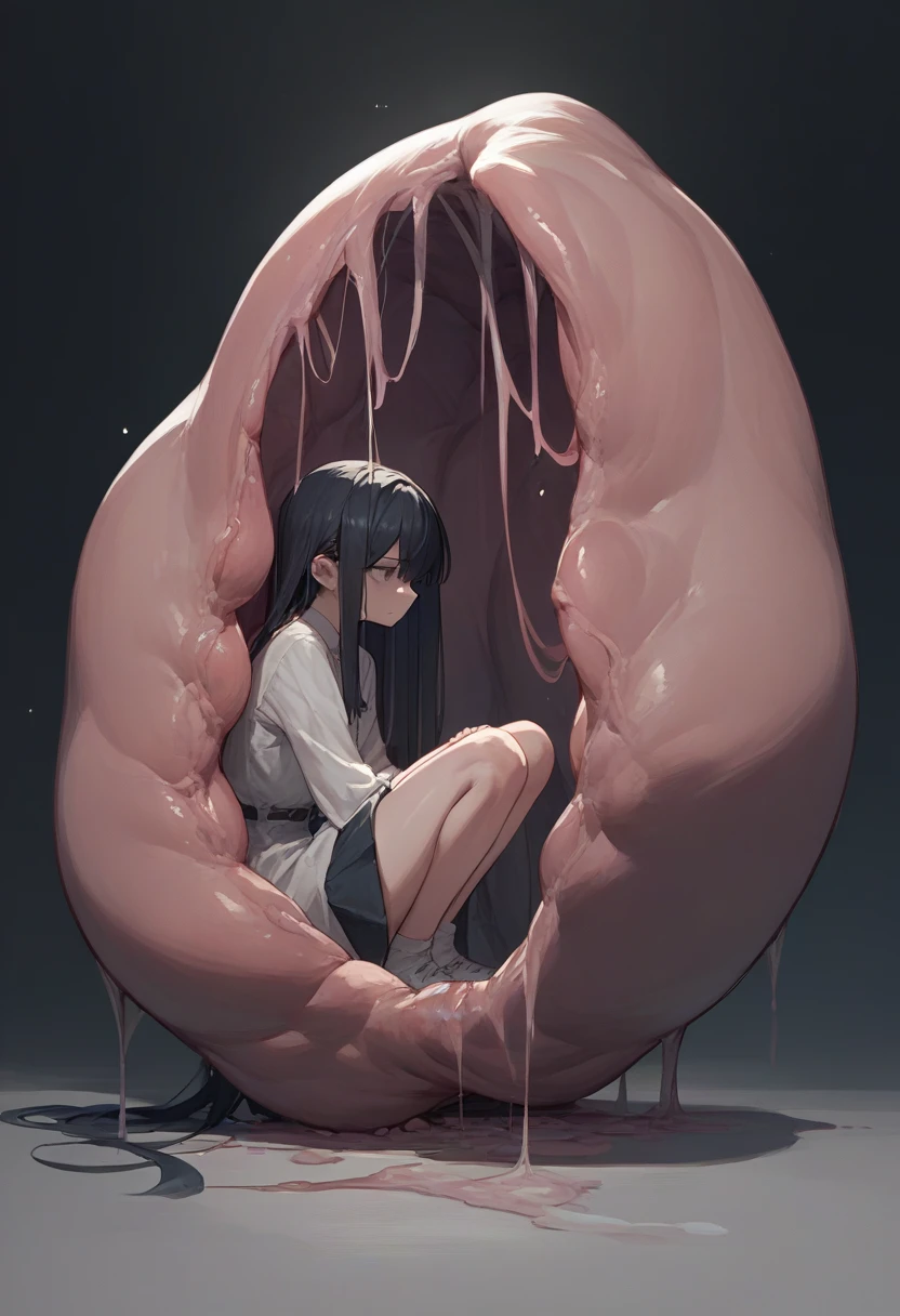 Black Hair Girl, Melted clothes, (In the stomach of a living thing), Being swallowed, Mucous membrane attached to the body, Red background, Complex shapes, Slime \(substance\), masterpiece, highest quality, Very detailed, (Melting Body),anatomy,(Browsing Caution),pour out body fluids,Mucous membrane penetrated by prying open the genitals,grotesque, Slimy texture,(My body started to melt too.),Bleeding from the genital area,Mucous membrane entering the mouth