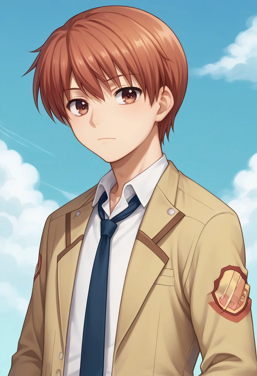 score_9, score_8_up, score_7_up, source_anime, highly detailed, 
yuzuru, 1boy, school uniform, male focus, solo, brown eyes, necktie, shinda sekai sensen uniform, red hair, red eyes, upper body,