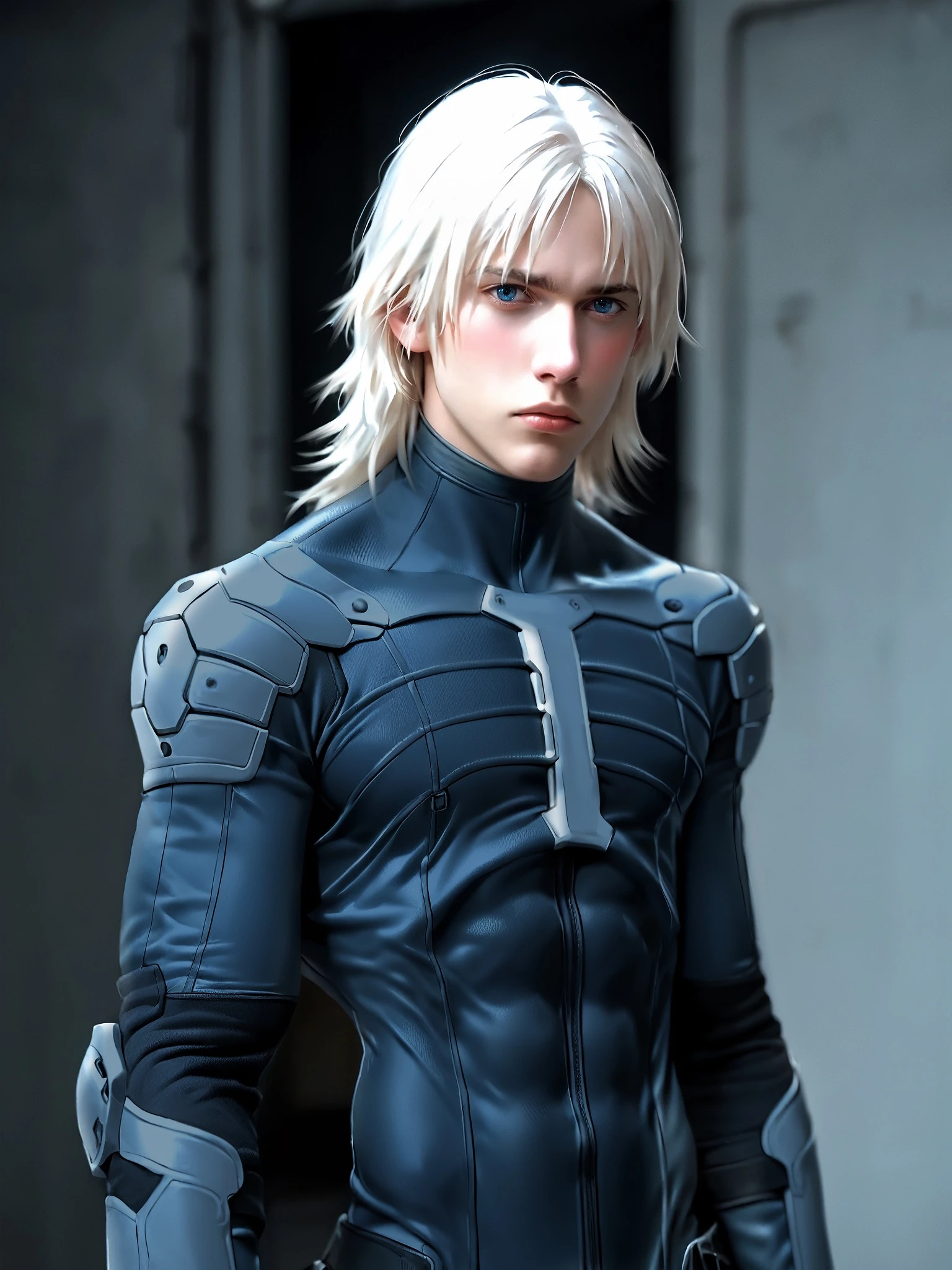 score_9, score_8_up, score_7_up, score_6_up, source_anime, source_explicit, realistic, 1boy, closeup, male focus, <lora:Raiden_a-000001:9.>, raiden_a, very handsome, white hair, ((long length mullet:1.45)), blue eyes, armor, ((grey bodysuit:1.45)), blush,shy, (skinny:1.45), looking at the viewer, looking at viewer, full body,  factory wall,